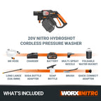 Hydroshot Akku-Hochdruckreiniger WG633E.1 20V 56 Bar 220 l/h 6 m Schlauch 5-in-1-Düse mit 4,0 Ah Akku Ladegerät