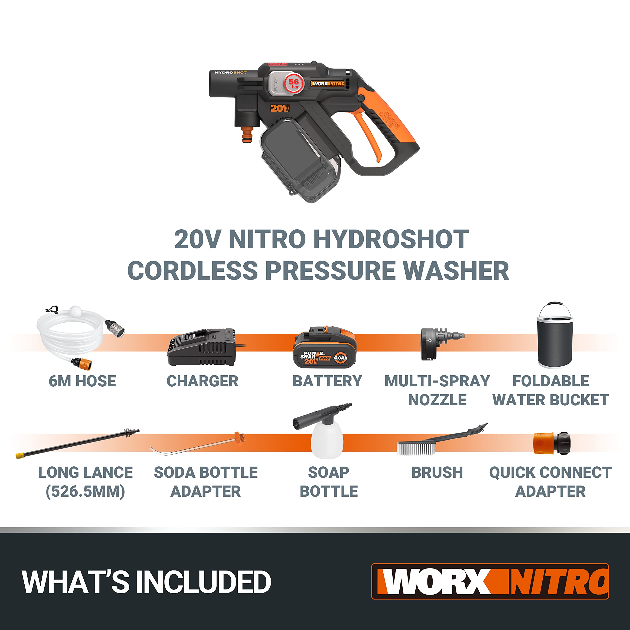 Hydroshot Akku-Hochdruckreiniger WG633E.1 20V 56 Bar 220 l/h 6 m Schlauch 5-in-1-Düse mit 4,0 Ah Akku Ladegerät