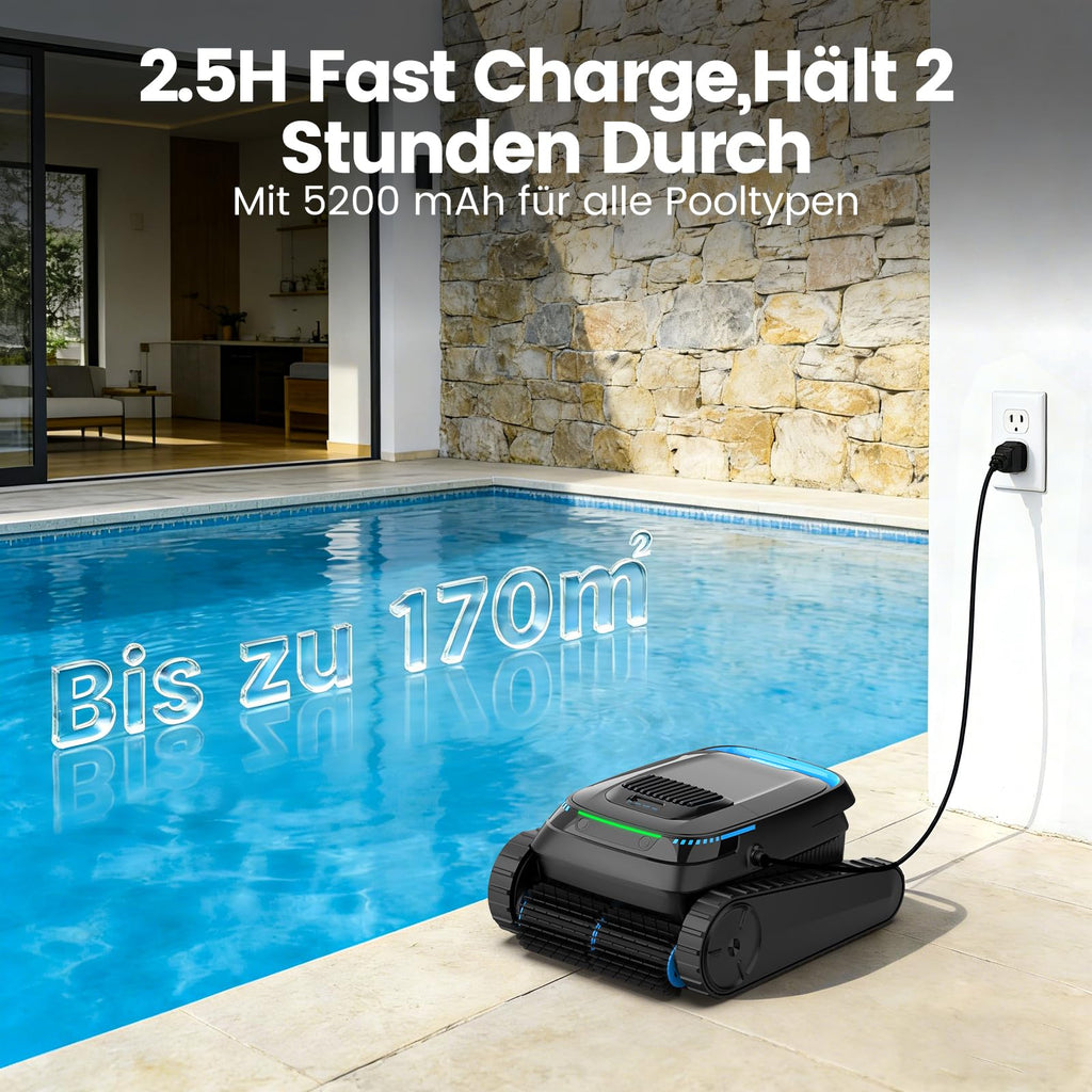 Poolroboter PC10 Boden Wand Wasserlinie 18927 LPH 120 Min Laufzeit 5200 mAh 4 l Filterkorb 150 µm für Pools bis 170 m²