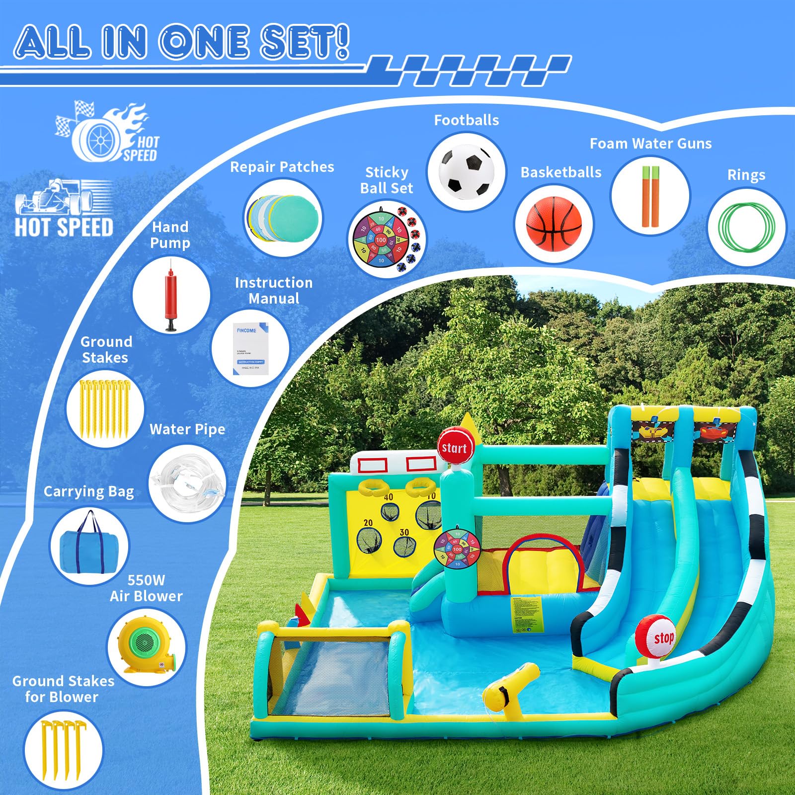 Kinder-Hüpfburg 20286 mit Wasserrutsche und Pool 452 x 416 x 210 cm 550-W-Gebläse für Indoor und Outdoor