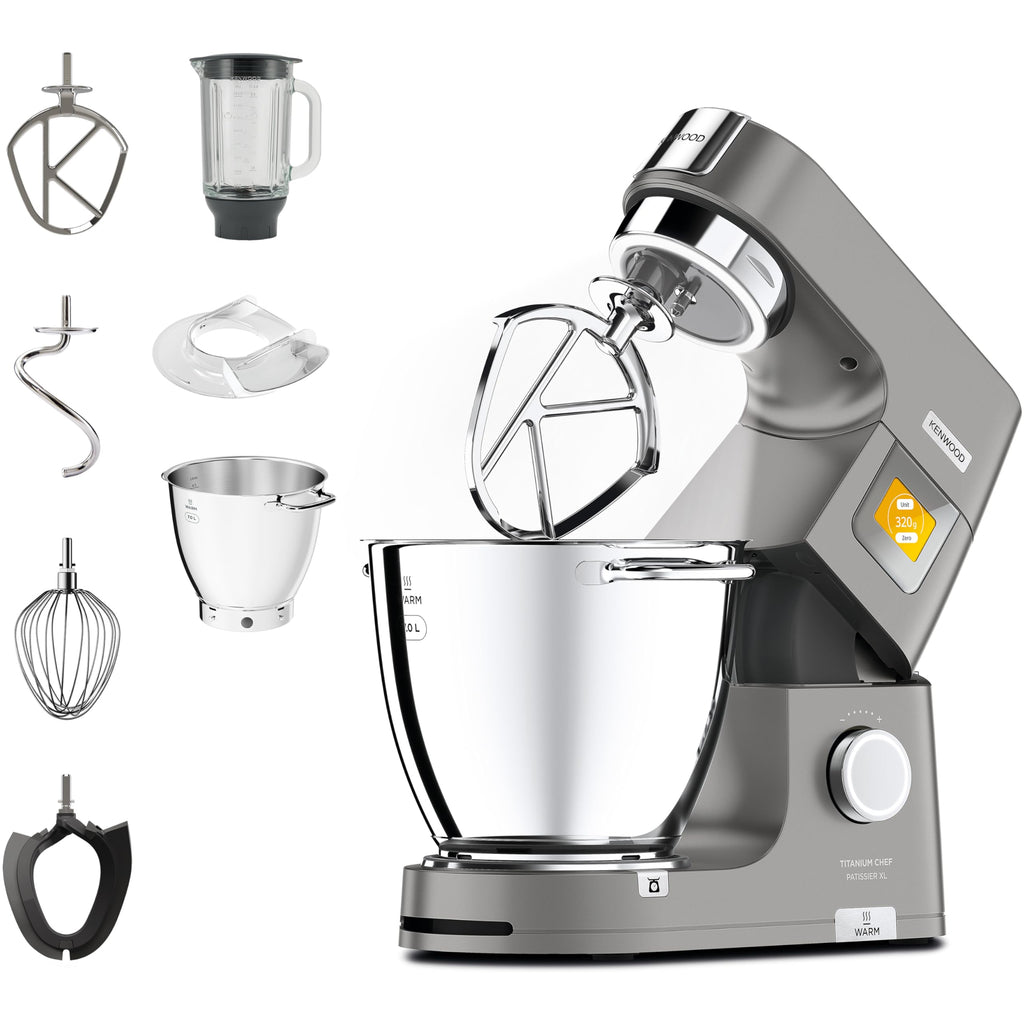 Küchenmaschine Titanium Chef Patissier XL KWL90.034SI 1400 W 7 L Rührschüssel mit Waage Wärmefunktion und Patisserie Set
