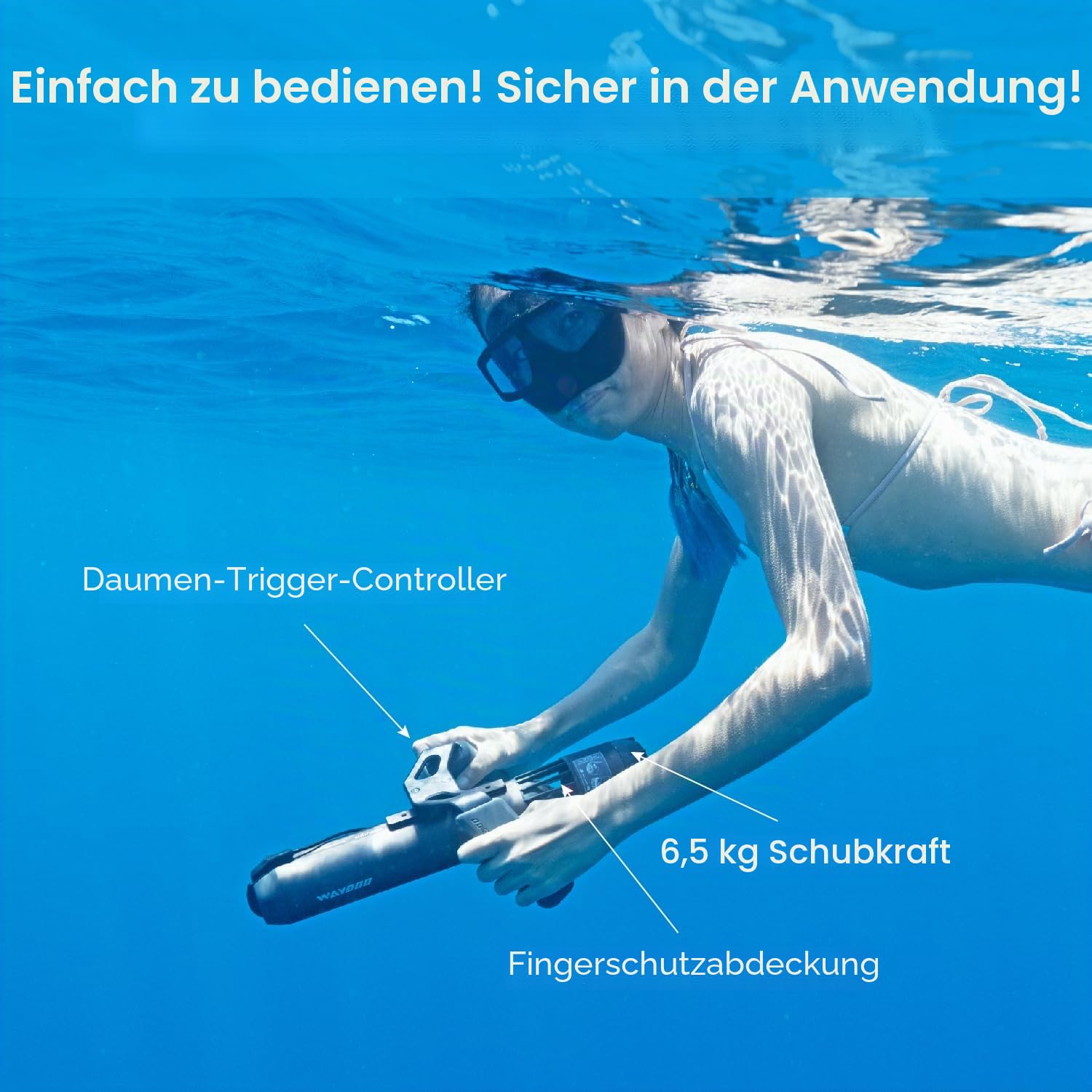 Unterwasser-Scooter mit Daumensteuerung 3 Geschwindigkeiten 56 Min Laufzeit 98 Wh Akku für SUP Tauchen Schnorcheln
