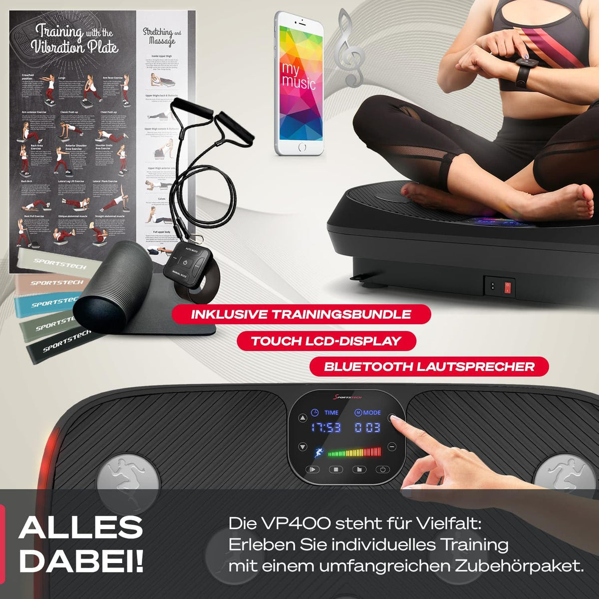4D-Vibrationsplatte VP400 bis 40 Hz mit 3 Trainingsmodi Bluetooth Lautsprecher Touch-Display und 120 kg Belastbarkeit