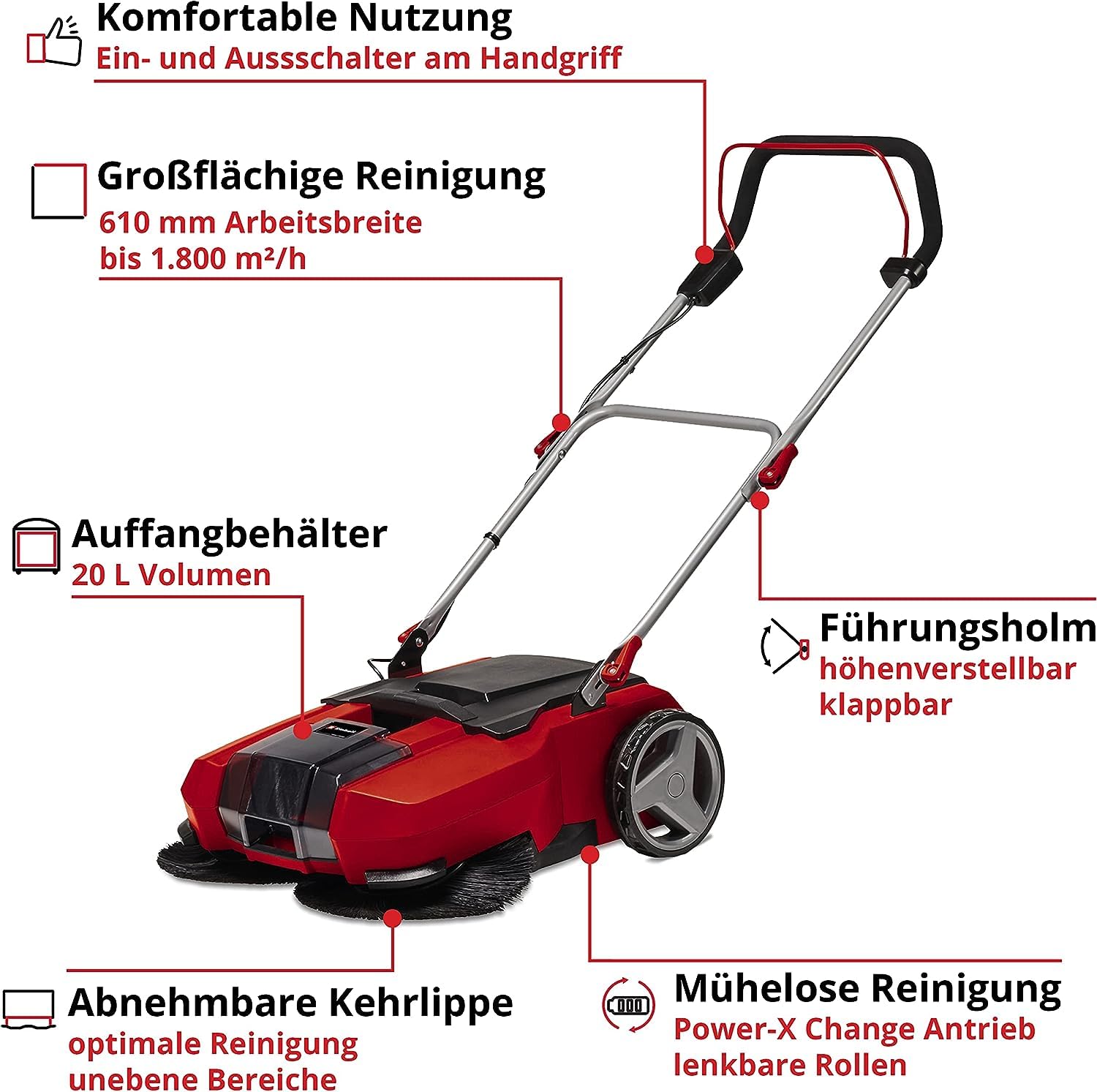 Akku-Kehrmaschine TE-SW 18/610 Li-Solo 18 V mit 61 cm Kehrbreite 20 l Schmutzbehälter verstellbarem Lenker und abnehmbarer Lippe