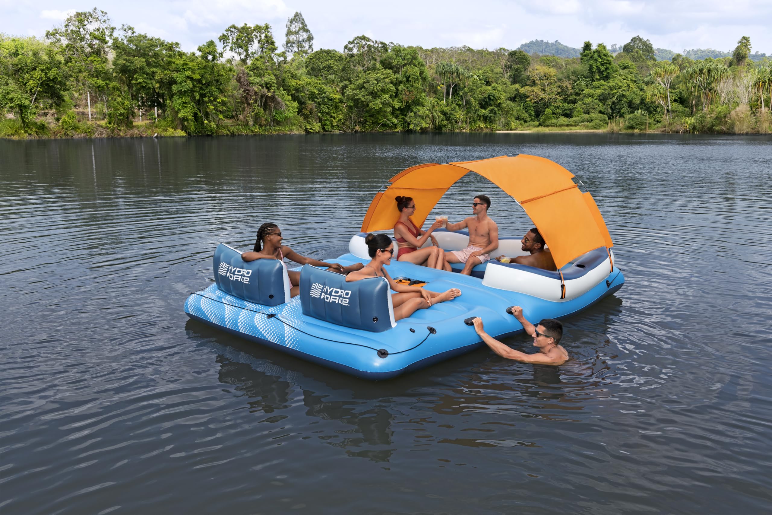 Badeinsel für 6 Personen Tropical Breeze 389 × 274 cm mit Sonnendach Kühltasche und 6 Getränkehaltern