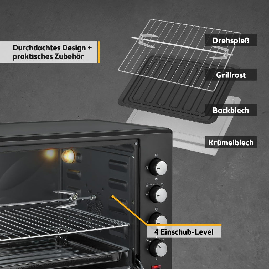 Minibackofen FA-5047 60 l 2000 W bis 230 °C 6 Heizmodi 60-Minuten-Timer Backblech Grillrost Drehspieß