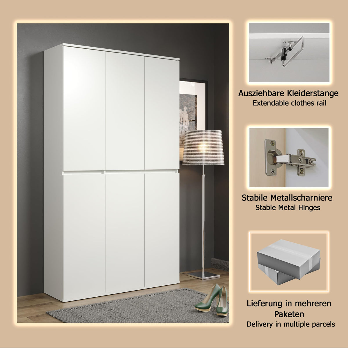Mehrzweckschrank Nevada 213215701 111 x 191 x 34 cm 6 Türen 12 Einlegeböden mit Kleiderstange