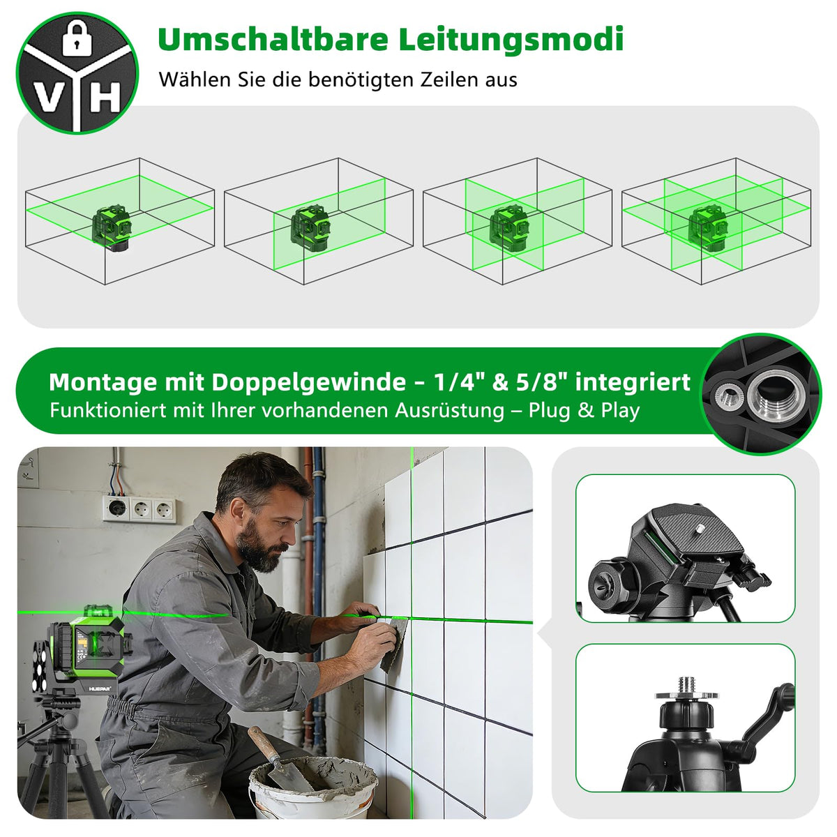 Kreuzlinienlaser 360° mit motorisierter Basis Fernbedienung automatischer Ausrichtung ±2 mm Präzision Pulsmodus 5200 mAh Akku