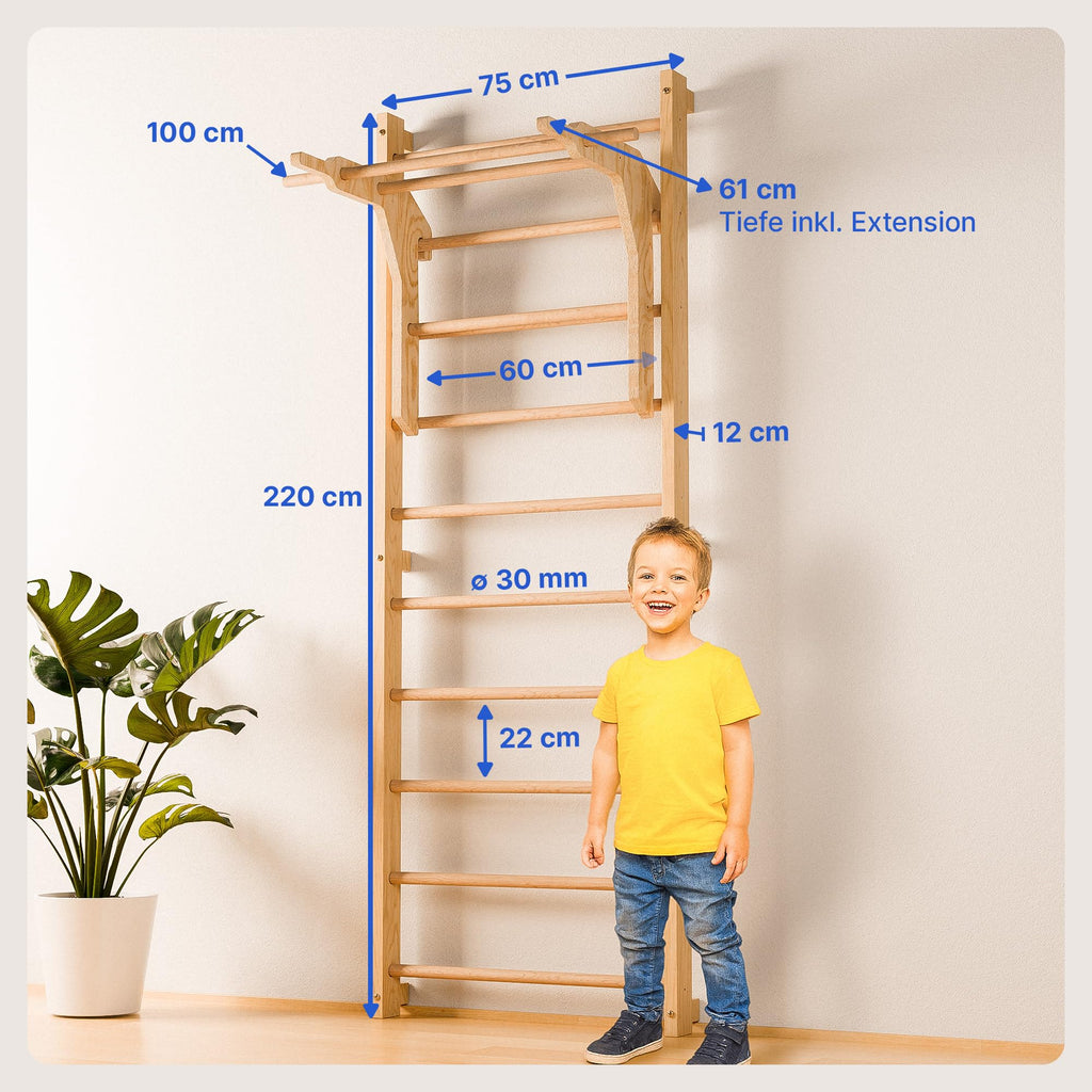 Sprossenwand Kletterwand mit Klimmzugstange und Dip Extension 220 cm aus Buchenholz und Kiefer bis 150 kg
