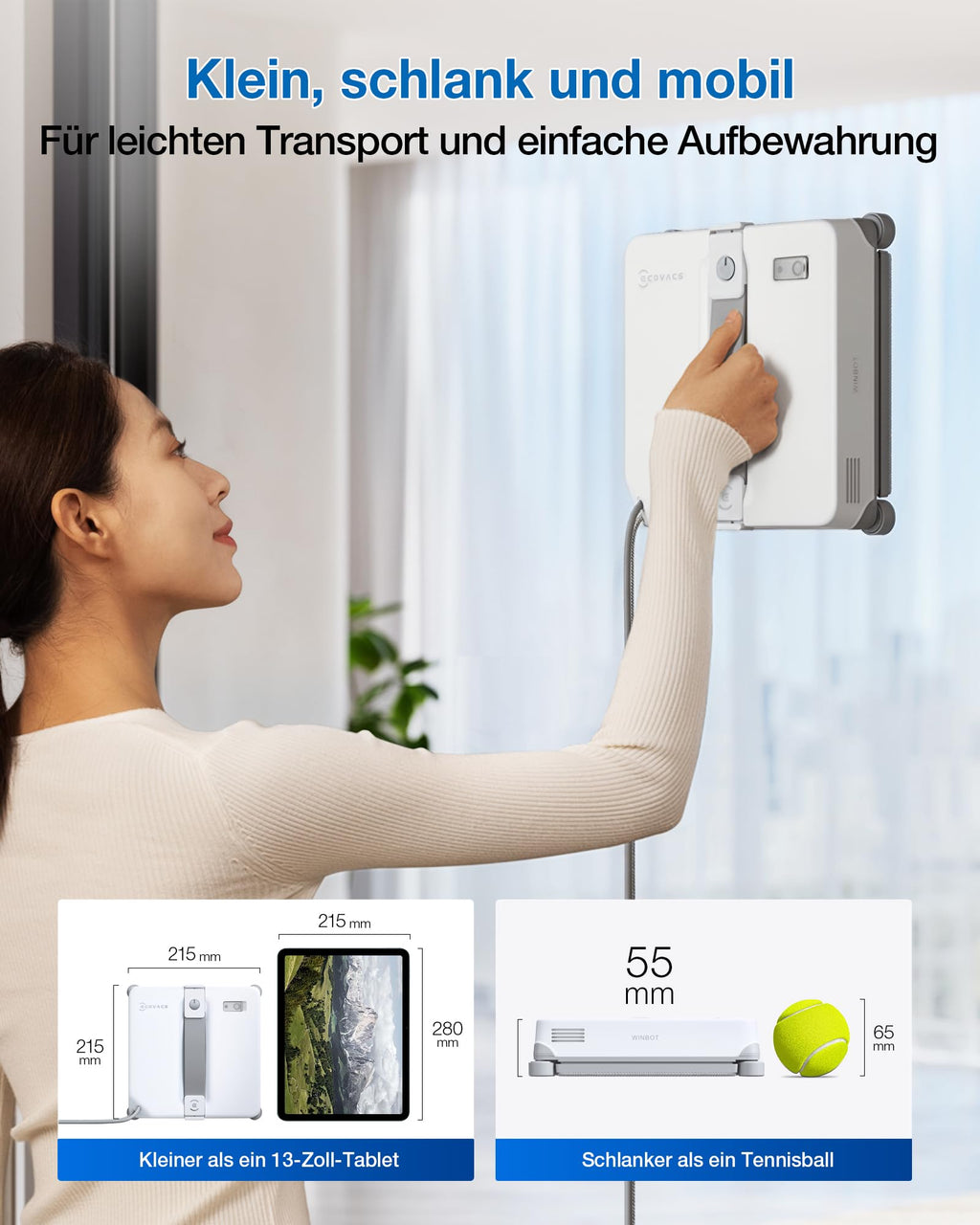 Fensterputzroboter WINBOT Mini 2 215 mm breit 55 mm dünn 4-Ecken-Bürsten 10 μm Ultraschallnebel 6 Reinigungsmodi App-Steuerung