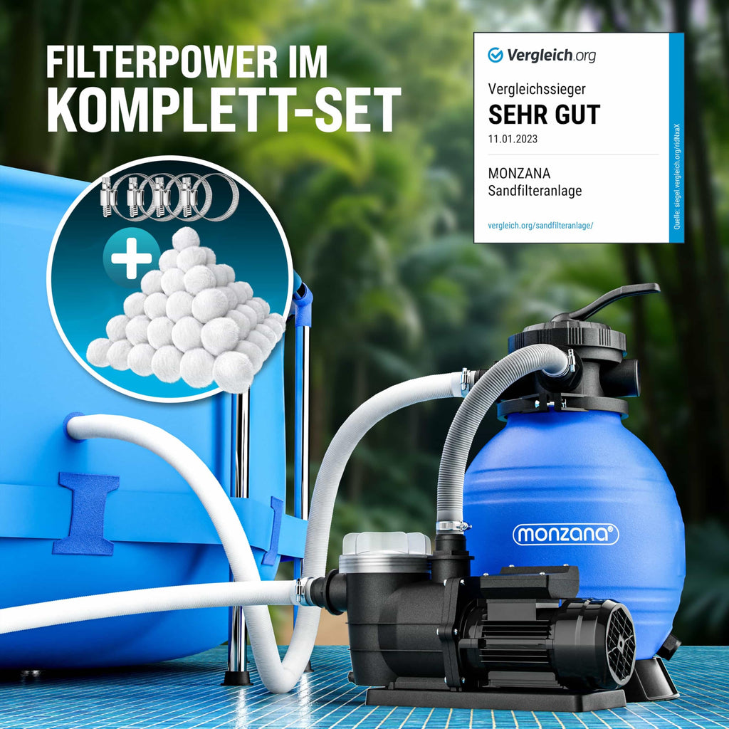 Sandfilteranlage SF96K 9600 l/h 400 W für Pools bis 30000 l mit 25 l Filterkessel 7-Wege-Ventil und Filterbällen