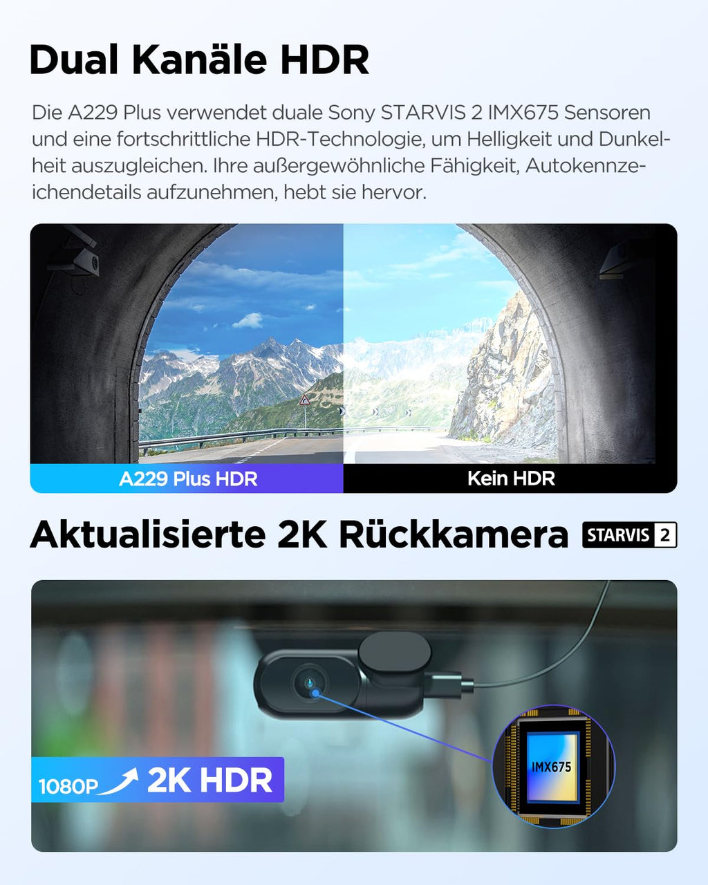 2K Dashcam A229 Plus 2CH Dual HDR 2K vorne und hinten 5 GHz WLAN GPS Sprachsteuerung Nachtsicht