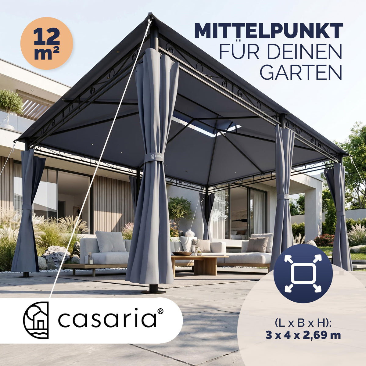 Pavillon 3 x 4 m mit Seitenteilen UV 50+ wasserabweisendes Dach Stahlgestell Dachhaube