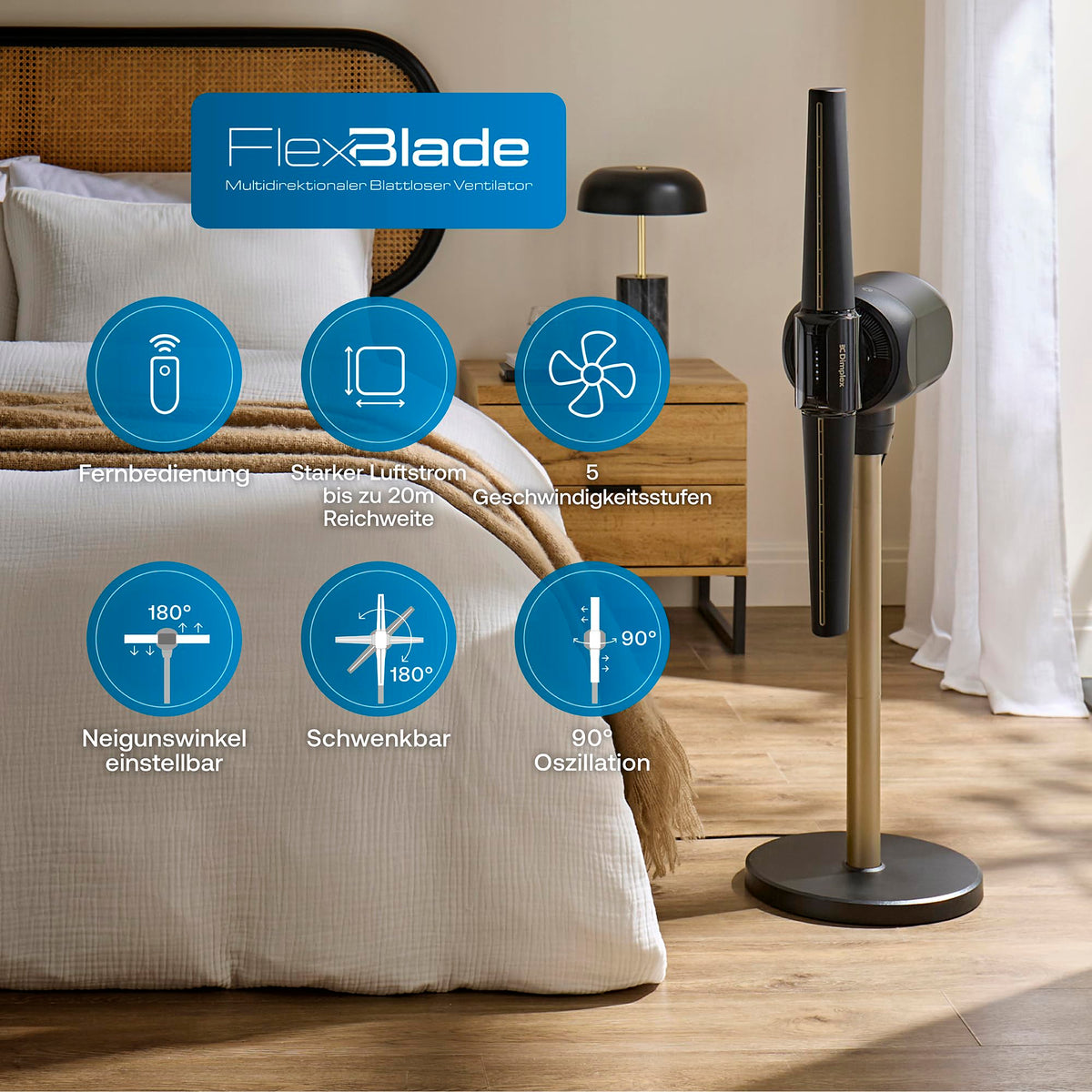 Flügelloser Standventilator FlexBlade 48 W mit 5 Stufen 36 dB 180° Luftauslässen 90° Oszillation 10-Stunden-Timer und Fernbedienung