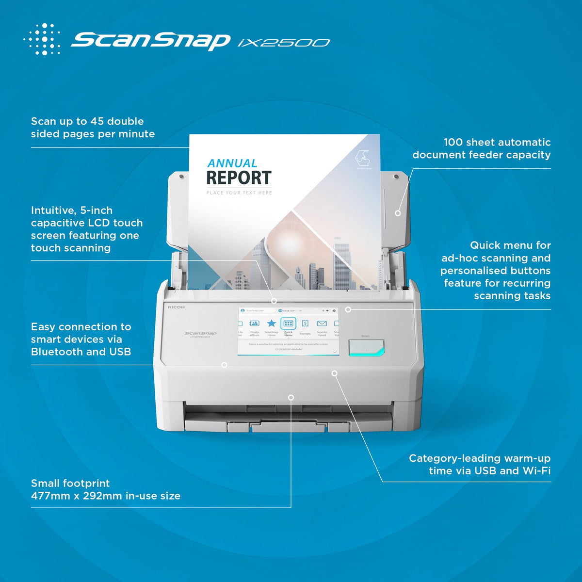 Scanner A4 Dokumentenscanner iX2500 600 dpi WLAN Bluetooth USB Duplex 45 Seiten/Min 100-Blatt ADF 5-Zoll-Touchscreen
