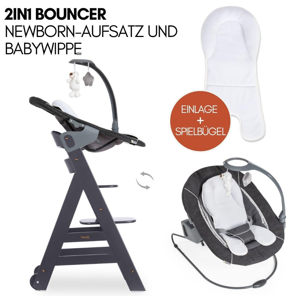 Beta+ Hochstuhl Newborn Set mit Deluxe Bouncer Holz Kinderhochstuhl ab Geburt maximale Belastung 90 kg mit Essbrett und Sitzkissen