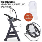 Beta+ Hochstuhl Newborn Set mit Deluxe Bouncer Holz Kinderhochstuhl ab Geburt maximale Belastung 90 kg mit Essbrett und Sitzkissen