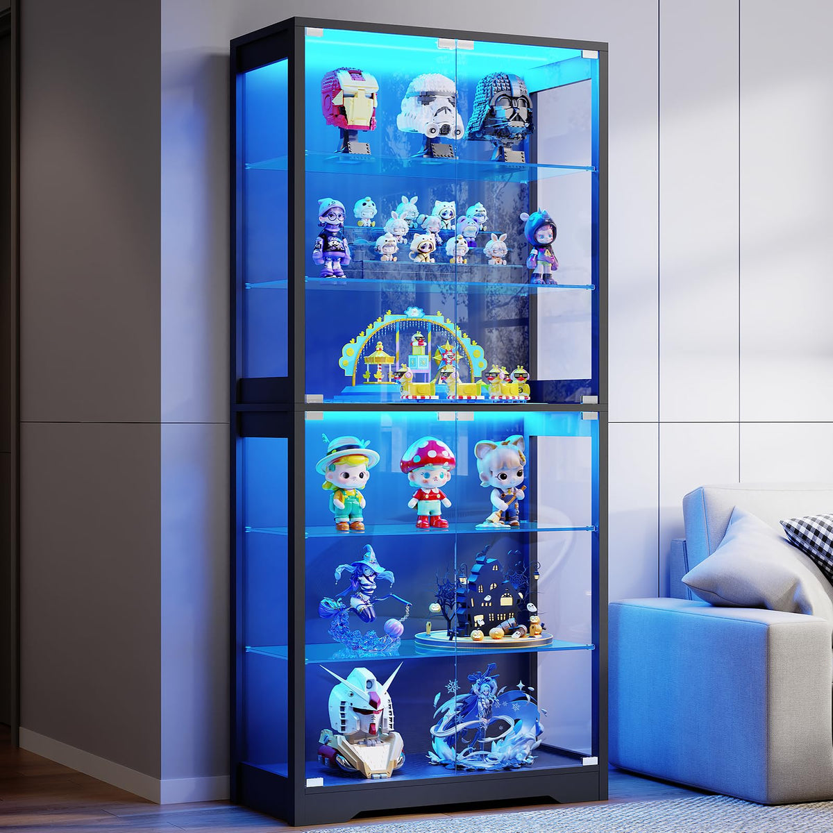Vitrine mit Glastür BD019B 180 cm 6 Ebenen Beleuchtung verstellbare Glasböden für Sammlerstücke