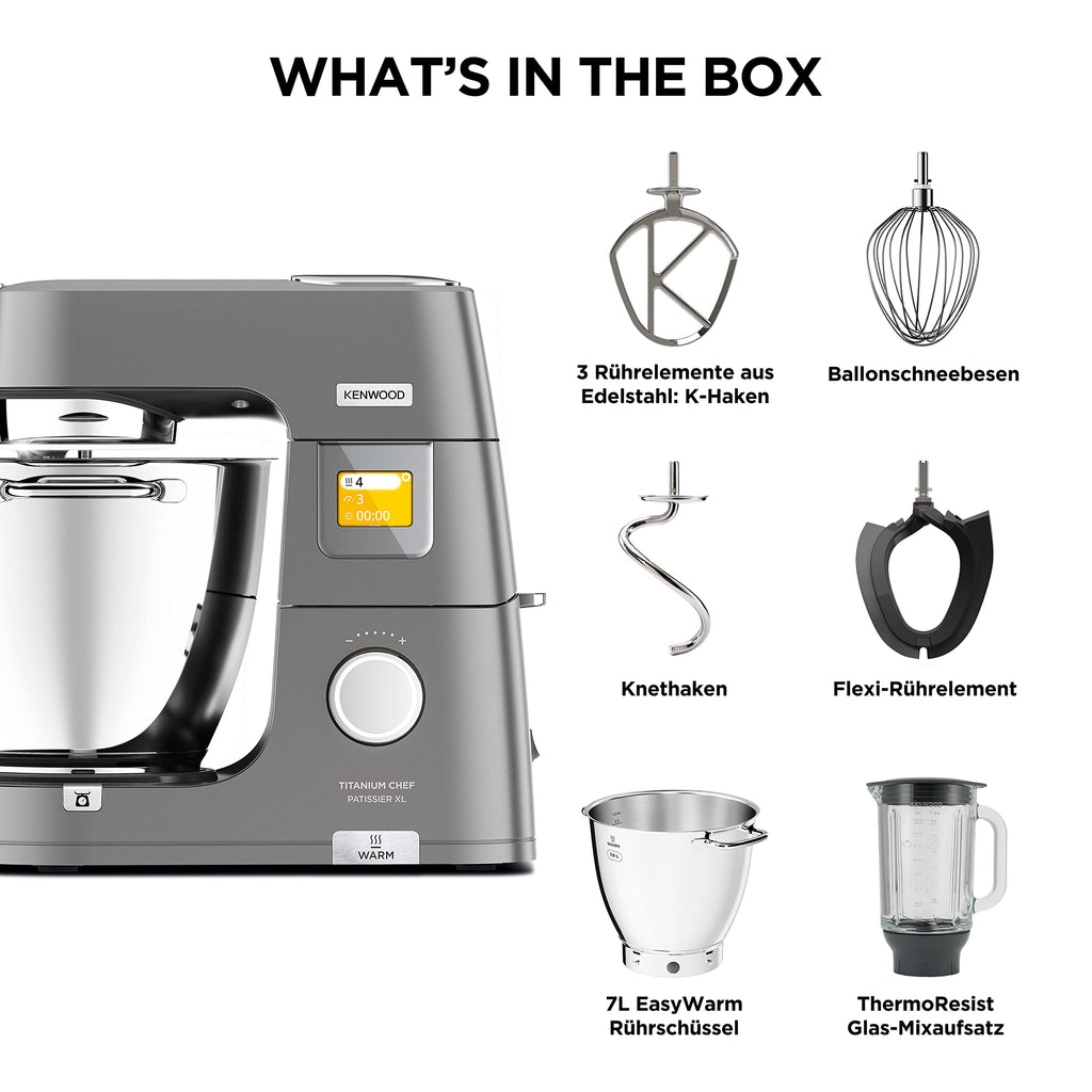 Küchenmaschine Titanium Chef Patissier XL KWL90.034SI 1400 W 7 L Rührschüssel mit Waage Wärmefunktion und Patisserie Set
