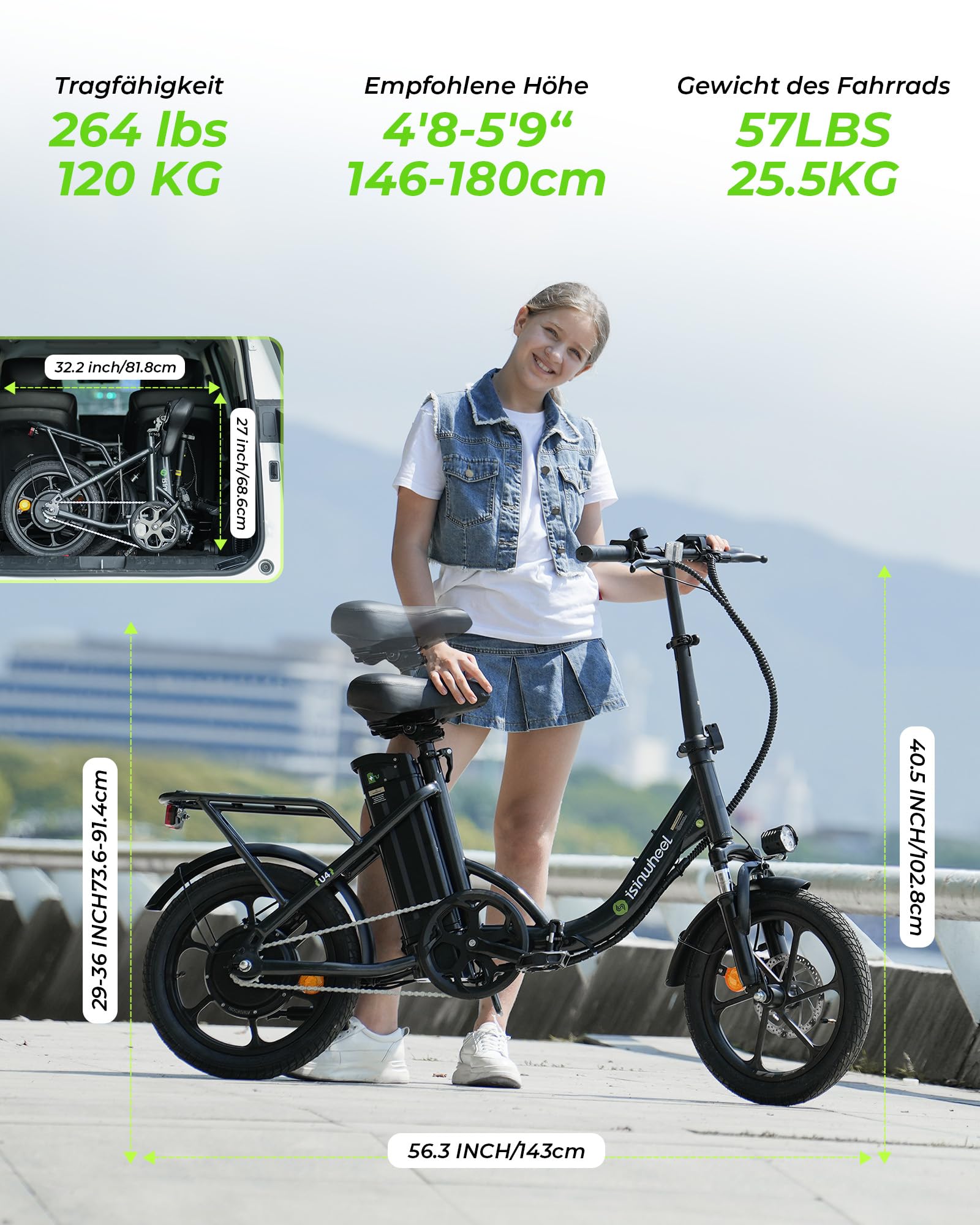 Faltbares E-Bike U4 16 Zoll Schwarz mit 250 W Motor 36 V 10,4 Ah Akku 5 Gängen Scheibenbremsen und Gepäckträger