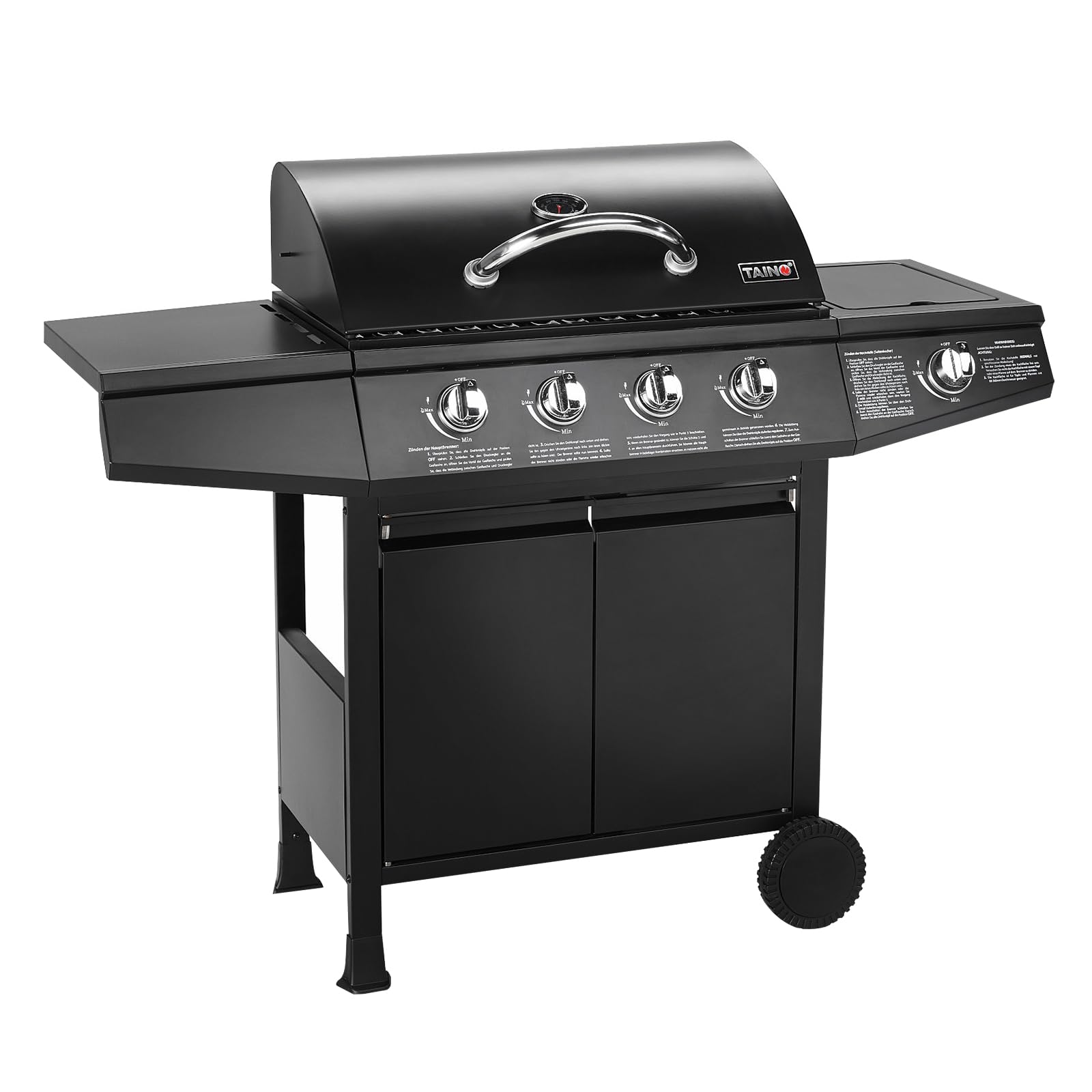 Gasgrill Grillwagen BASIC 4+1 mit 4 Edelstahlbrennern 1 Seitenkocher und 61 x 32 cm Grillfläche
