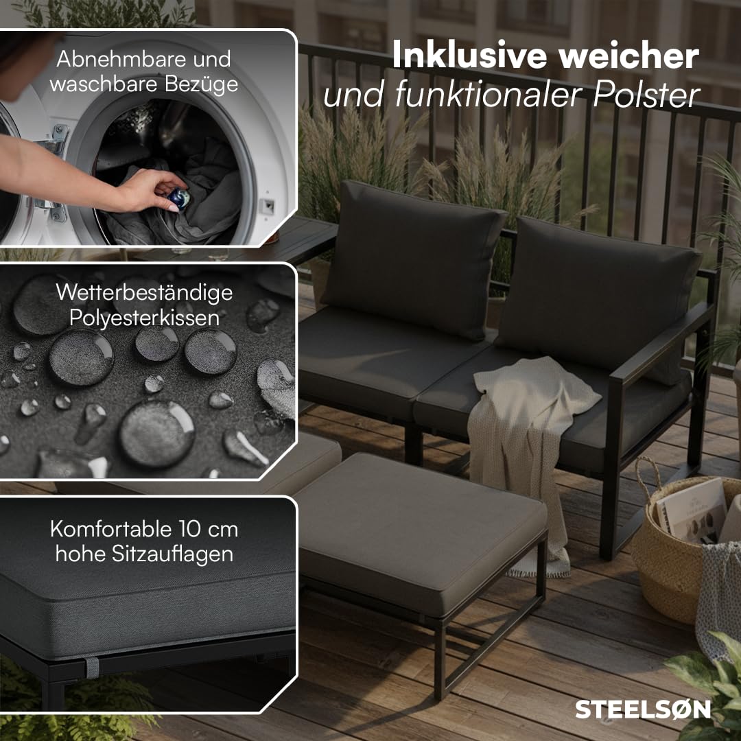 Gartenmöbel Set 5-teilig mit 2 Sesseln 2 Hockern 1 Tisch Metallgestell wetterfest für 2-4 Personen