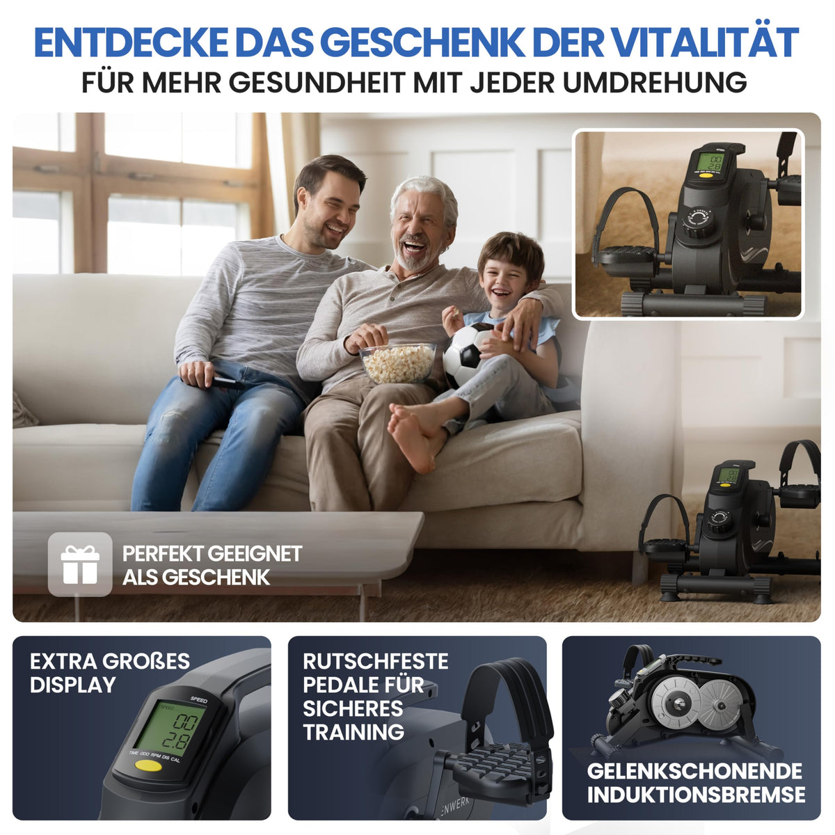 Pedaltrainer Pro Arm- und Beintrainer 8 Widerstandsstufen mit Befestigungsband und Anti-Rutsch-Matte 48 × 30 × 40 cm