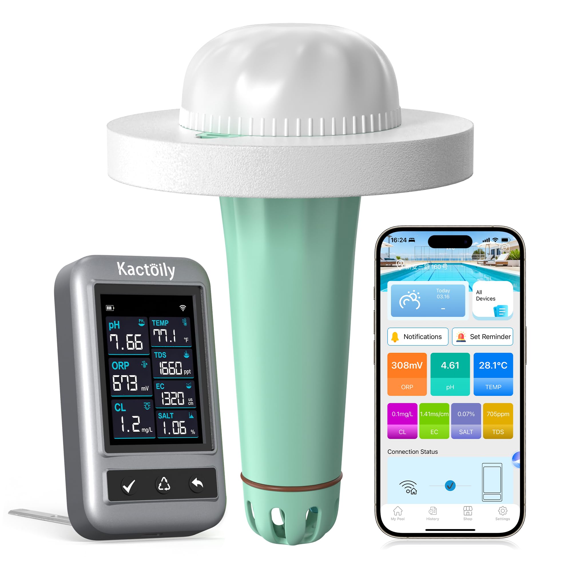 7-in-1 Pooltester mit App-Steuerung pH Chlor TDS EC ORP Salz Temperatur IP68 WLAN Bluetooth