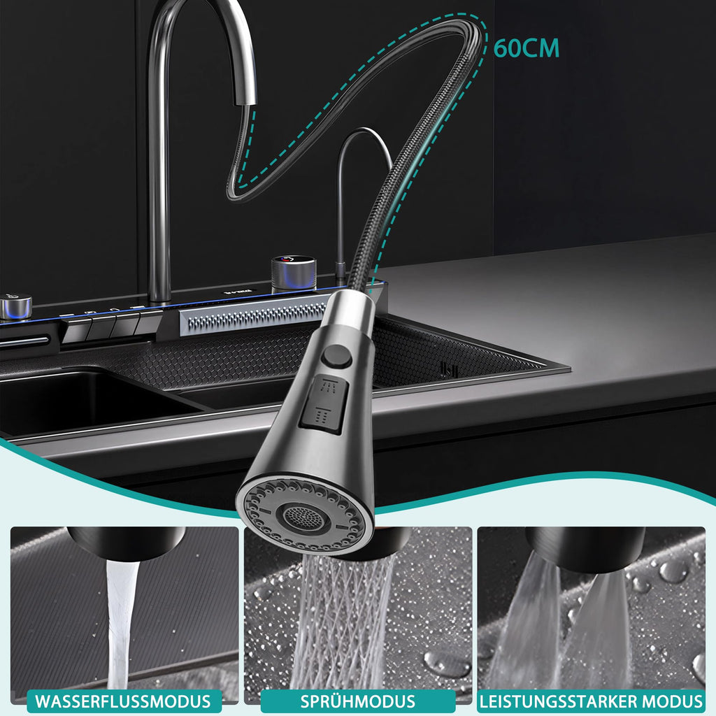 Edelstahl Küchenspüle 80 x 45 x 22 cm Einzelbecken mit LED-Temperaturanzeige ausziehbarem Wasserfallhahn und Ablaufgarnitur