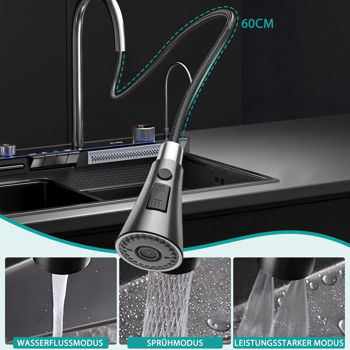 Edelstahl Küchenspüle 80 x 45 x 22 cm Einzelbecken mit LED-Temperaturanzeige ausziehbarem Wasserfallhahn und Ablaufgarnitur