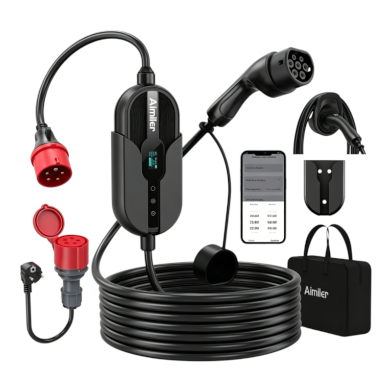 Mobile Wallbox 11kW mit App 400V 16A 3-phasig 7,6m Typ 2 Ladekabel CEE IP66 OLED Wandmontage für E-Autos