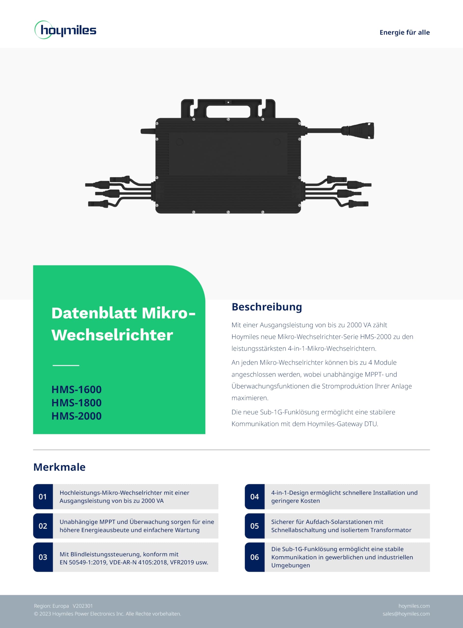 Mikrowechselrichter HMS-2000-4T für 4 Solarmodule 2000 W 2400 W Spitzenleistung 96,5 % Wirkungsgrad 230 V