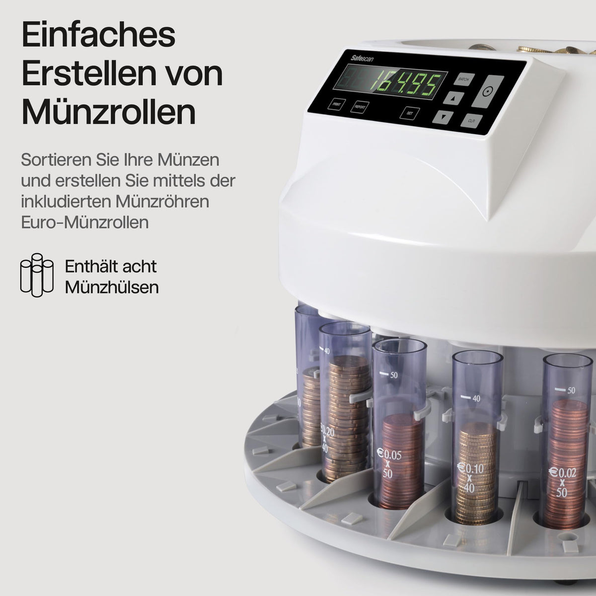 Euro Münzzähler und Münzsortierer 1250 zum Zählen und Sortieren gemischter Euro Münzen nach Stückelung mit Wertanzeige