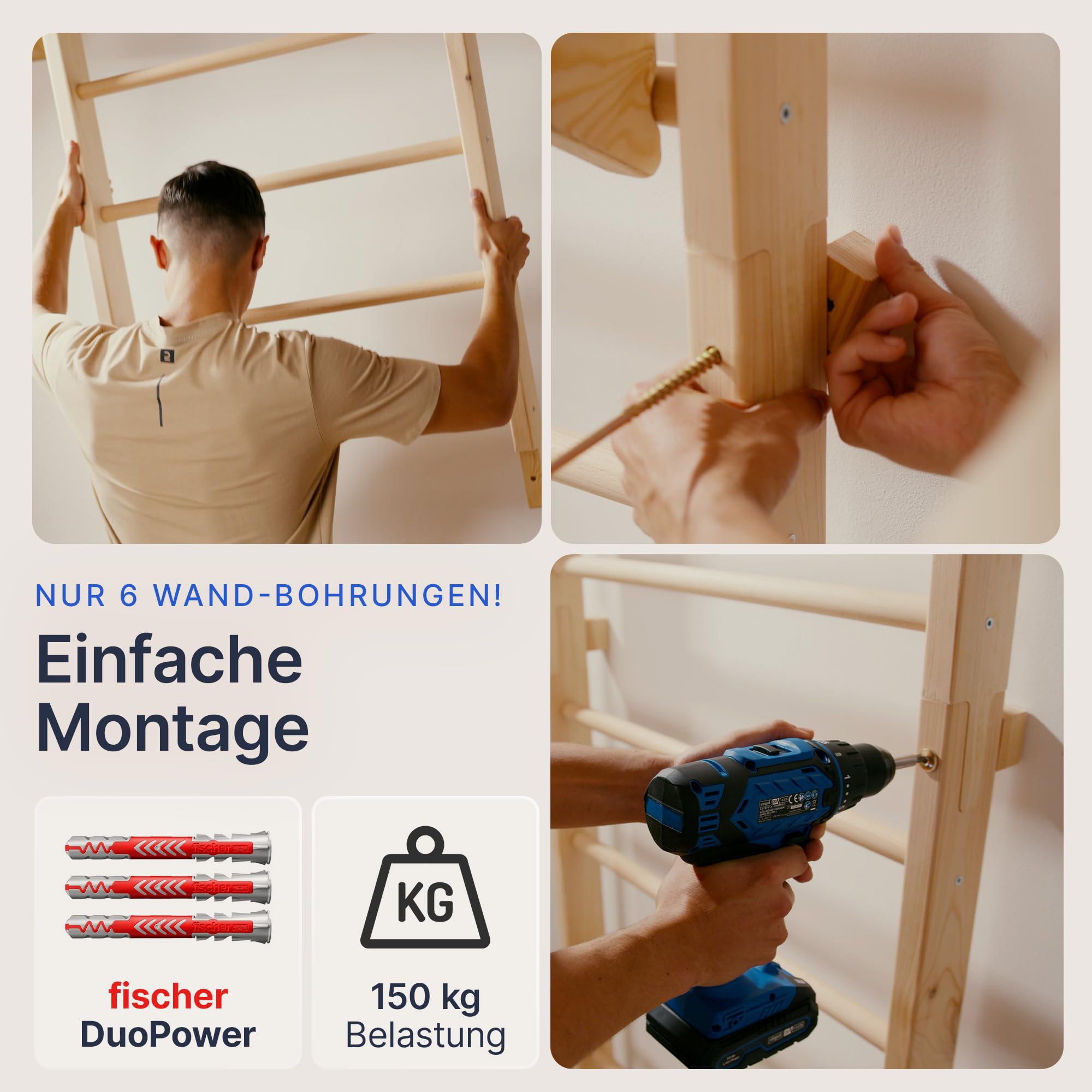 Sprossenwand Kletterwand mit Klimmzugstange und Dip Extension 220 cm aus Buchenholz und Kiefer bis 150 kg