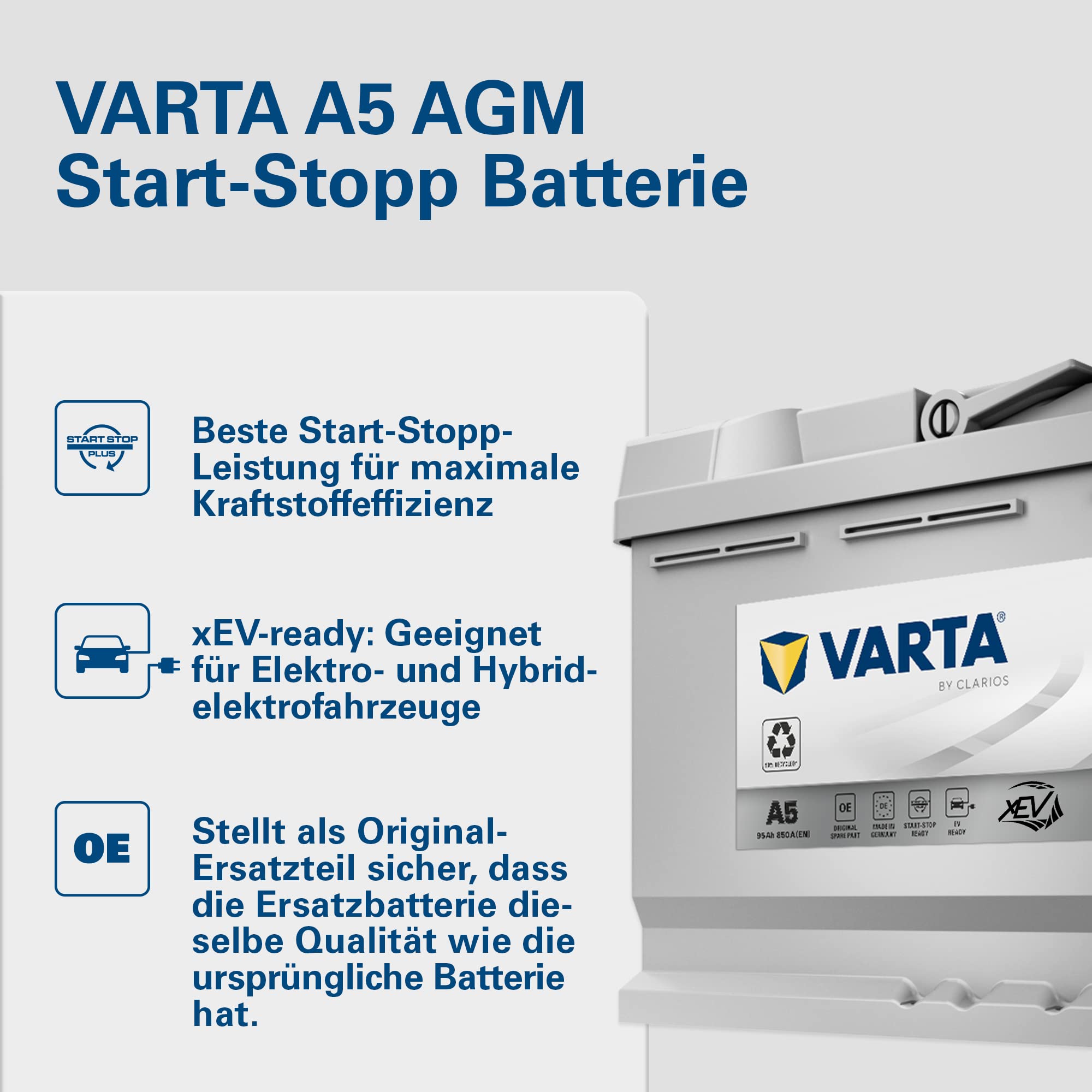 AGM Autobatterie 95 Ah 850 A 12 V 353 x 175 x 190 mm Start-Stopp xEV 6 Zellen SAE-Klemme 595901085