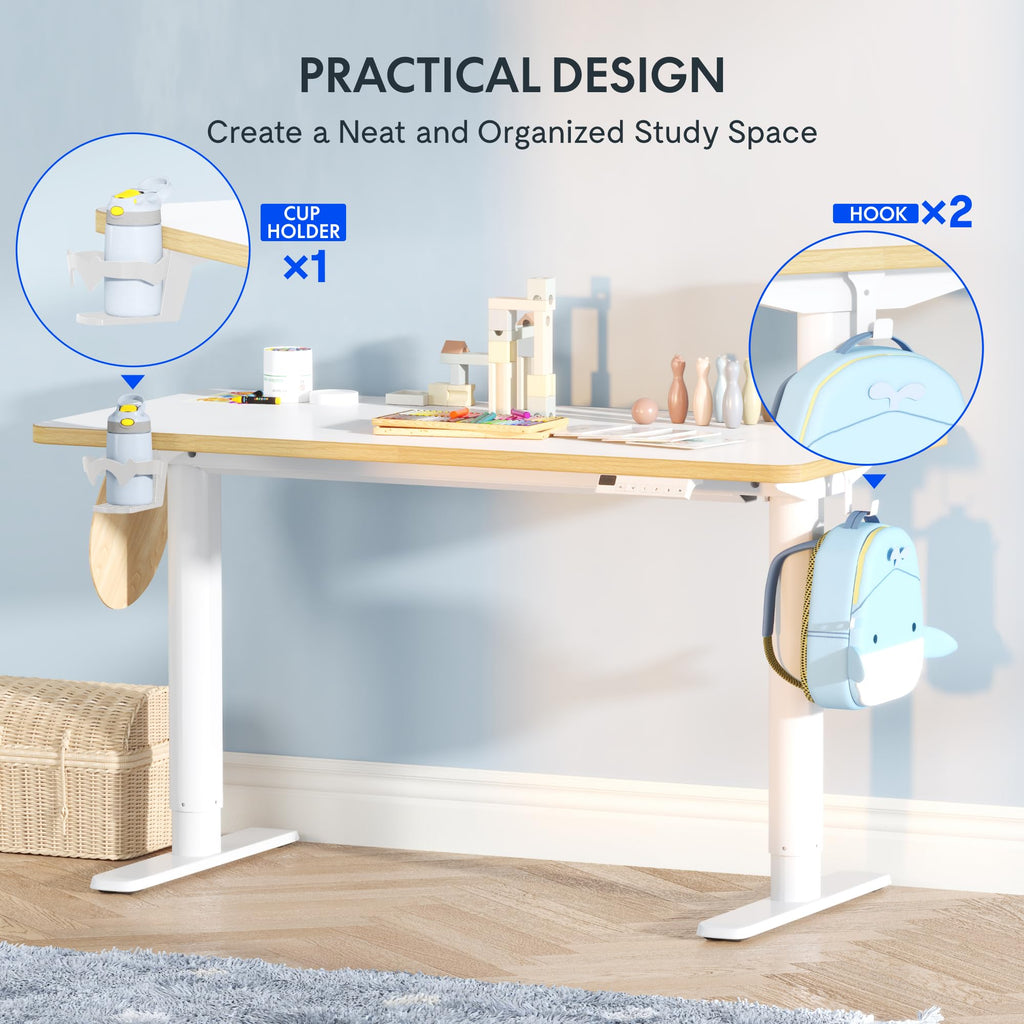 Kinderschreibtisch elektrisch höhenverstellbar SK1 110 × 52 cm 56–88 cm mit LED-Anzeige 3 Speicherplätzen Becherhalter und 2 Haken