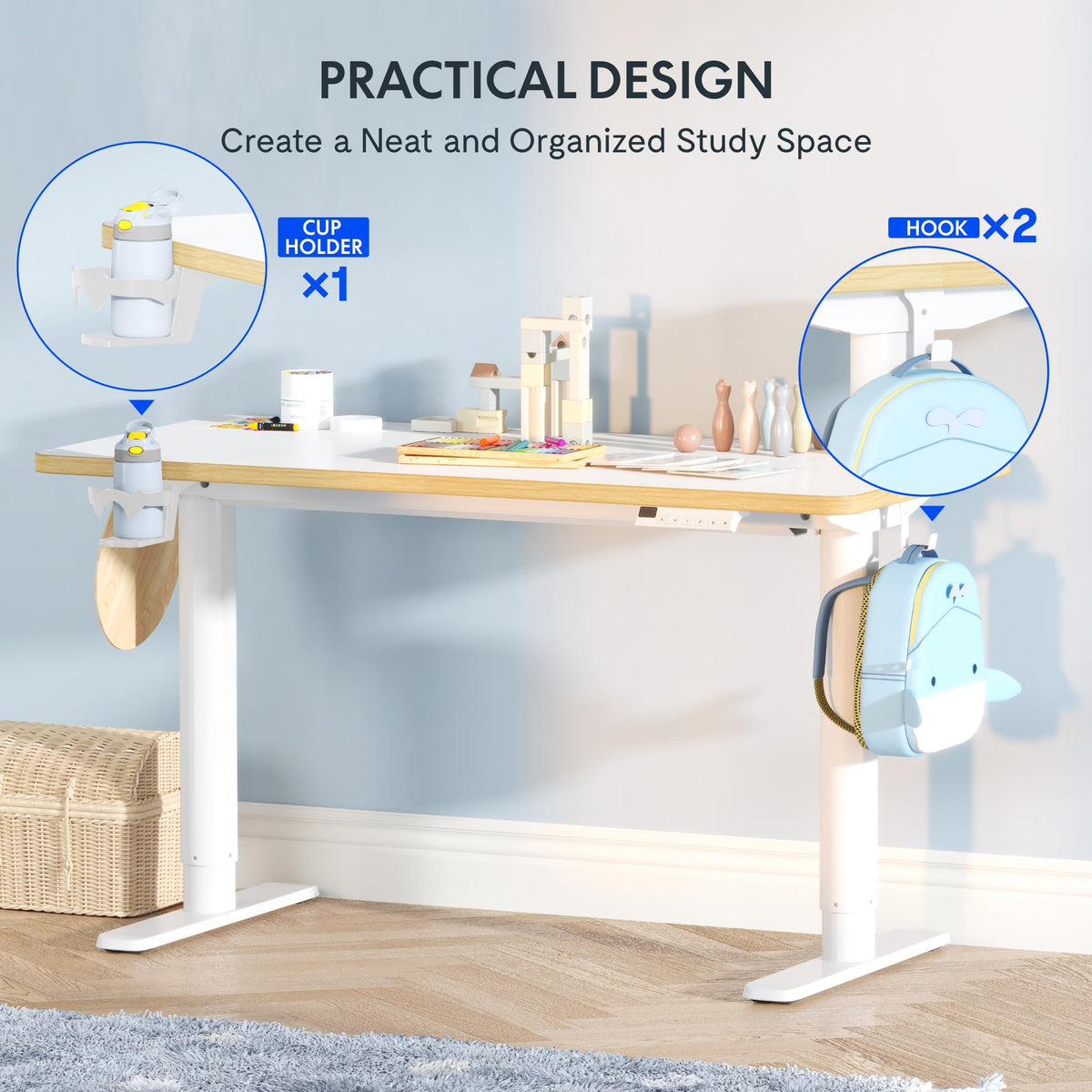 Kinderschreibtisch elektrisch höhenverstellbar SK1 110 × 52 cm 56–88 cm mit LED-Anzeige 3 Speicherplätzen Becherhalter und 2 Haken
