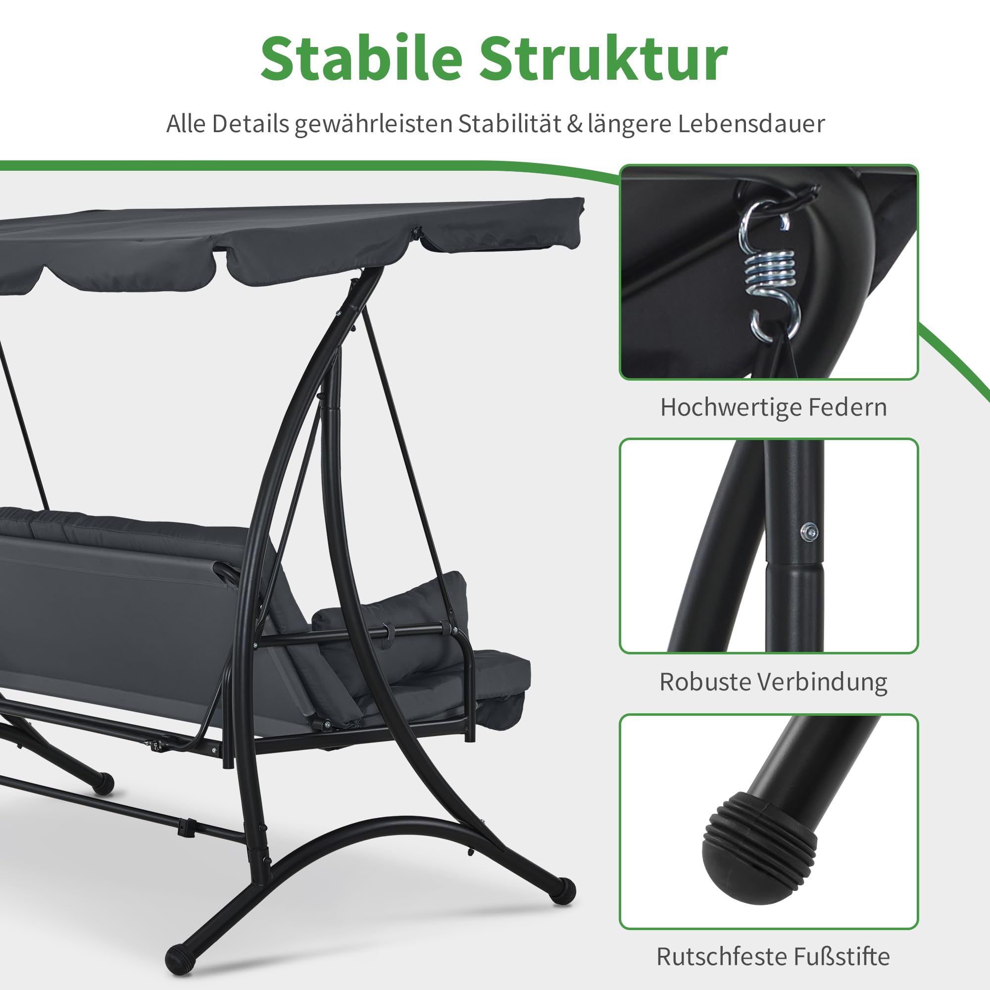 3-Sitzer Hollywoodschaukel mit Liegefunktion Sonnendach 300 kg 201 x 125 x 173 cm