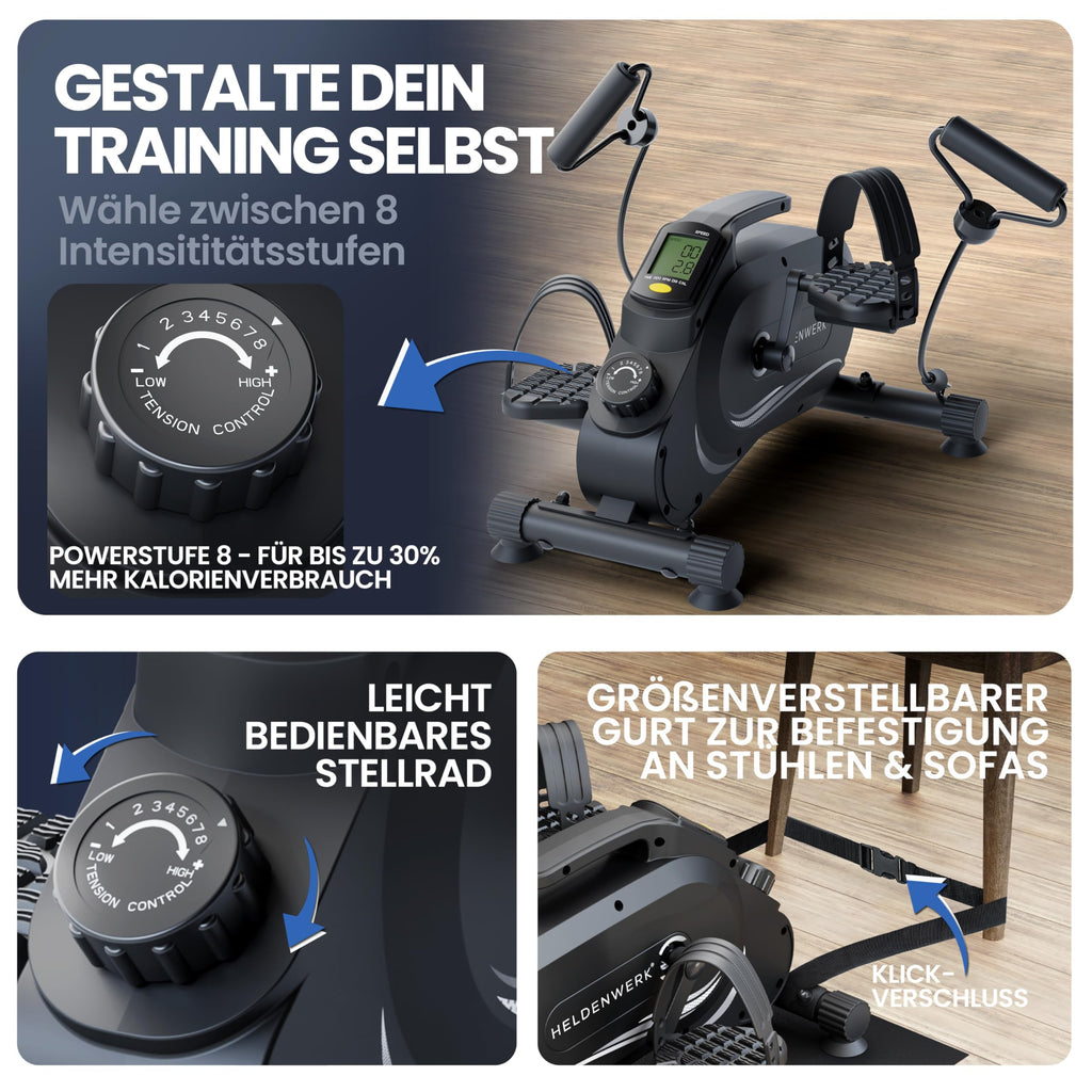 Pedaltrainer Pro Arm- und Beintrainer 8 Widerstandsstufen mit Befestigungsband und Anti-Rutsch-Matte 48 × 30 × 40 cm
