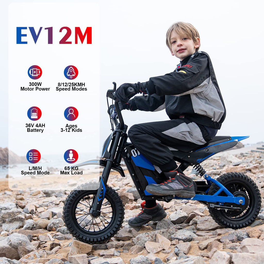Kinder-Elektromotorrad EV12M 300 W mit 12-Zoll-Reifen 5,2-Ah-Akku 3 Geschwindigkeitsstufen bis 18 km Reichweite