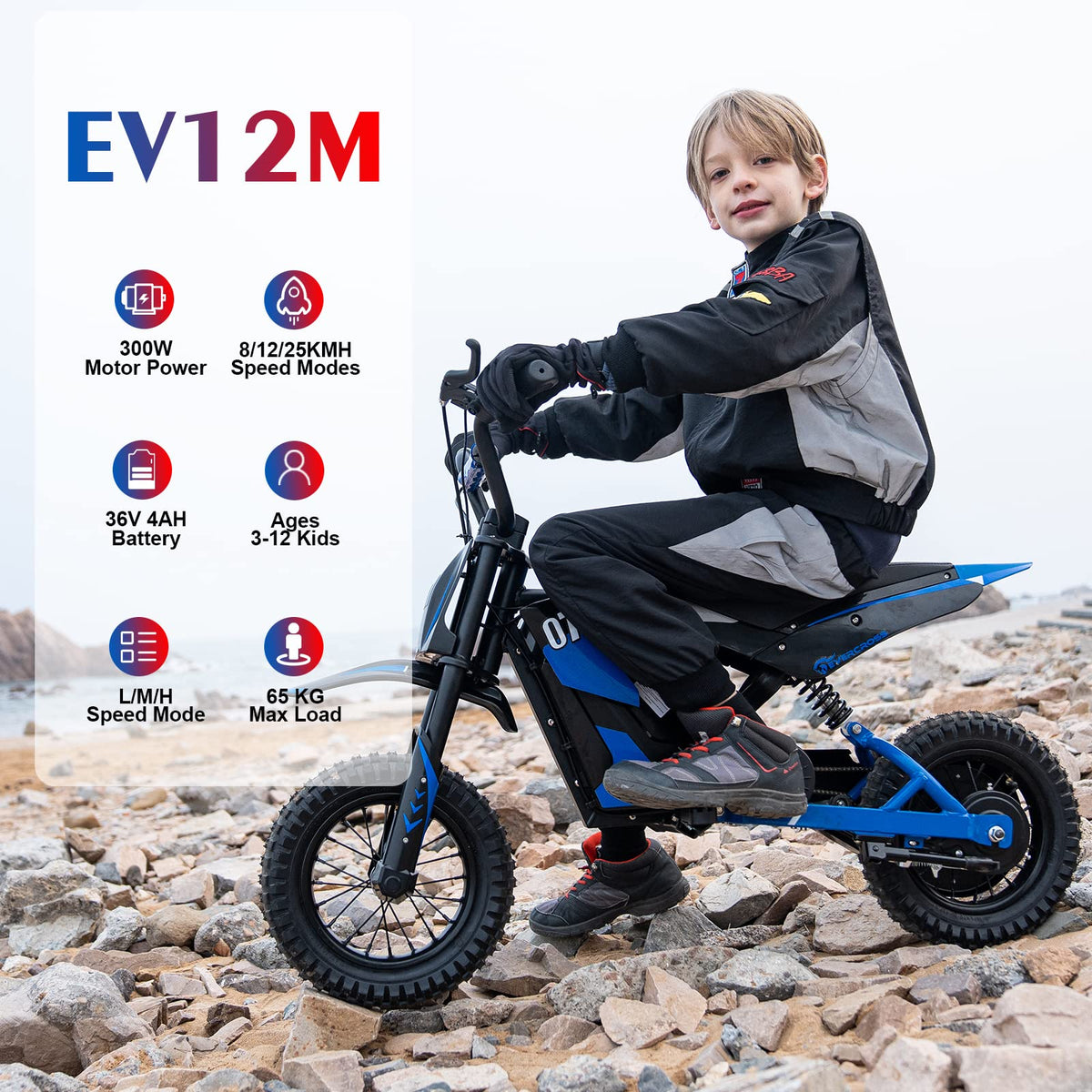 Kinder-Elektromotorrad EV12M 300 W mit 12-Zoll-Reifen 5,2-Ah-Akku 3 Geschwindigkeitsstufen bis 18 km Reichweite
