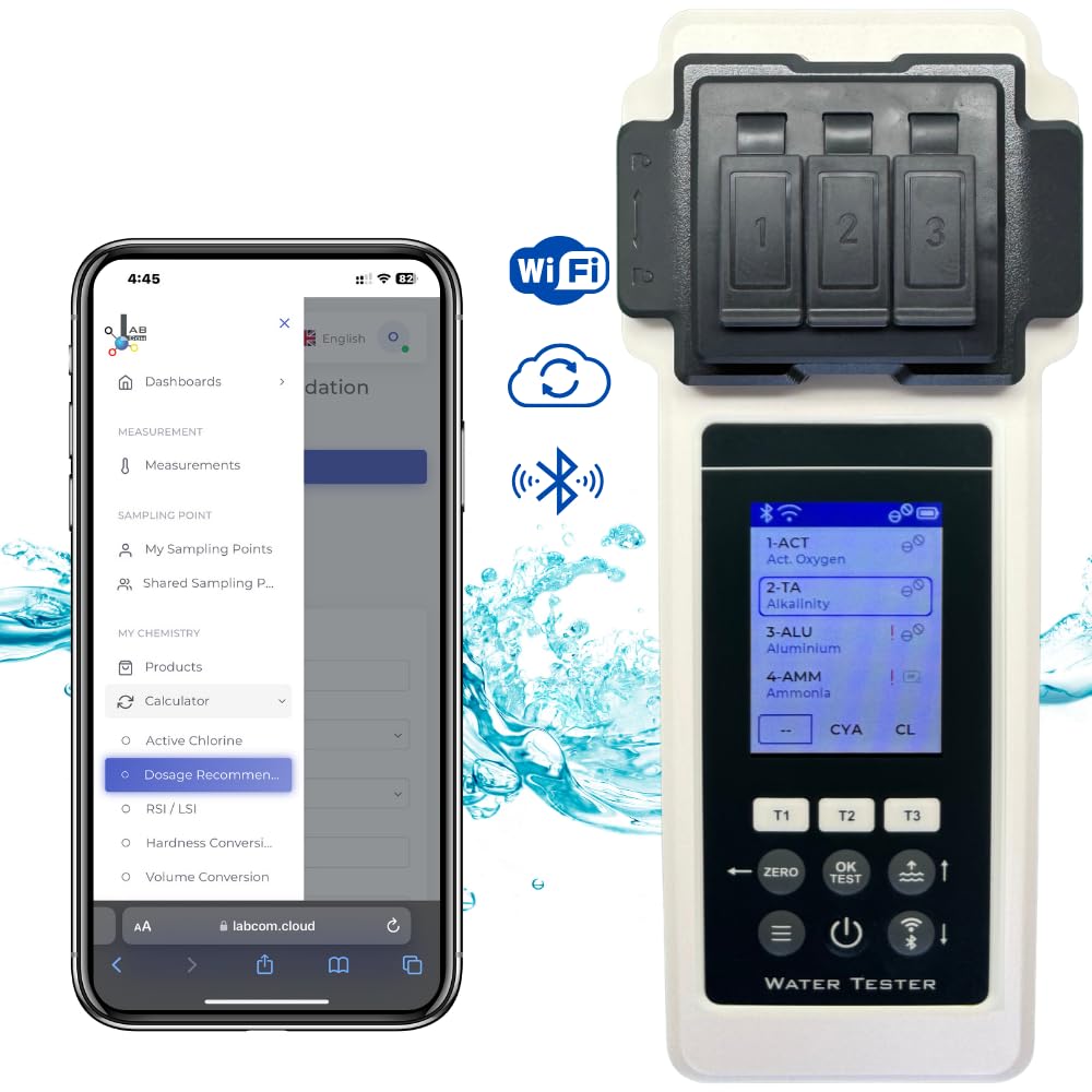 Pool-Wasseranalysegerät PoolLab 2.0 27 Parameter mit WiFi Bluetooth App Aufbewahrungskoffer und Wasserstandsausgleicher