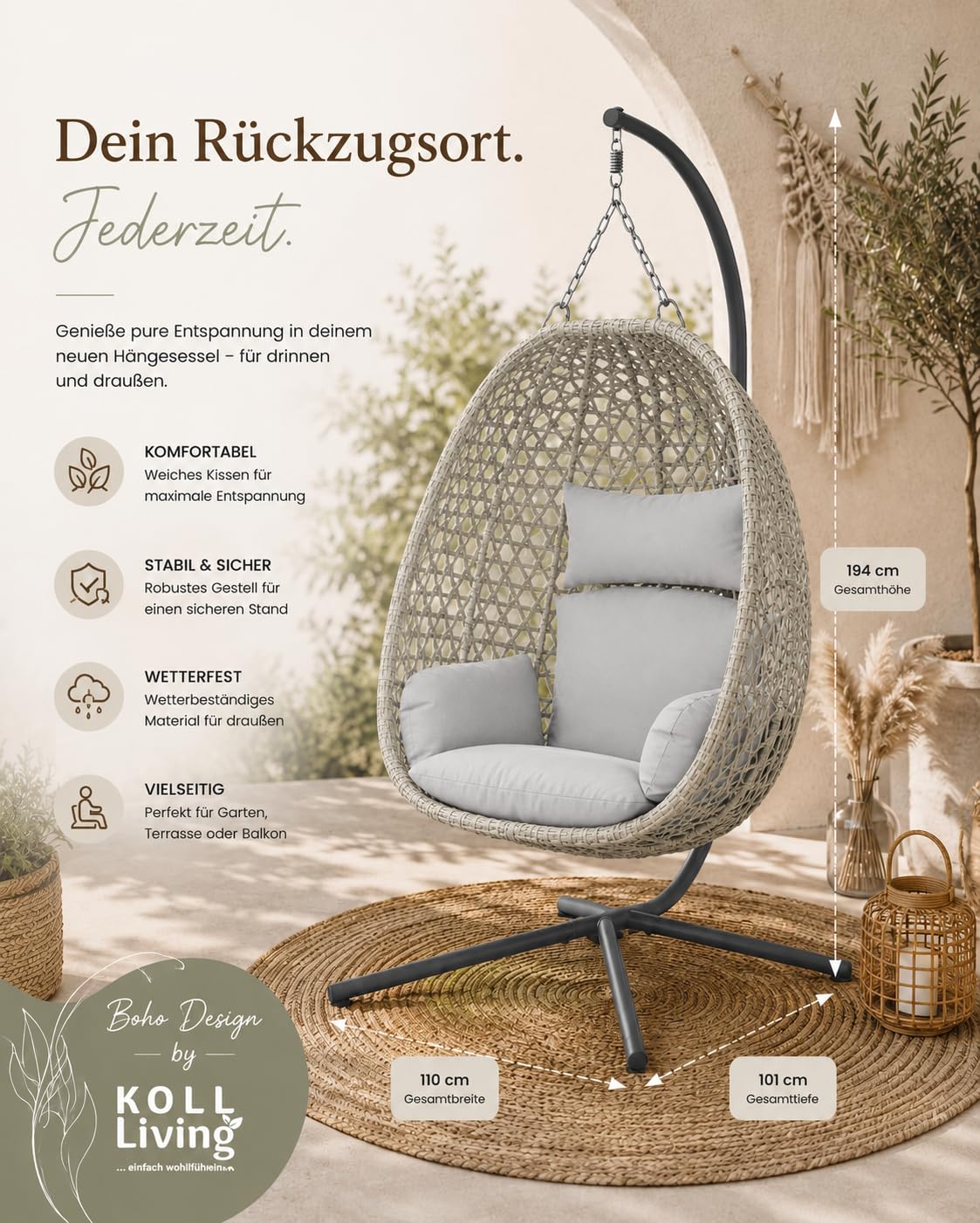 Hängesessel Outdoor Luna in Rattanoptik 103 x 95 cm mit Stahlgestell und Sitzkissen Beige Grau