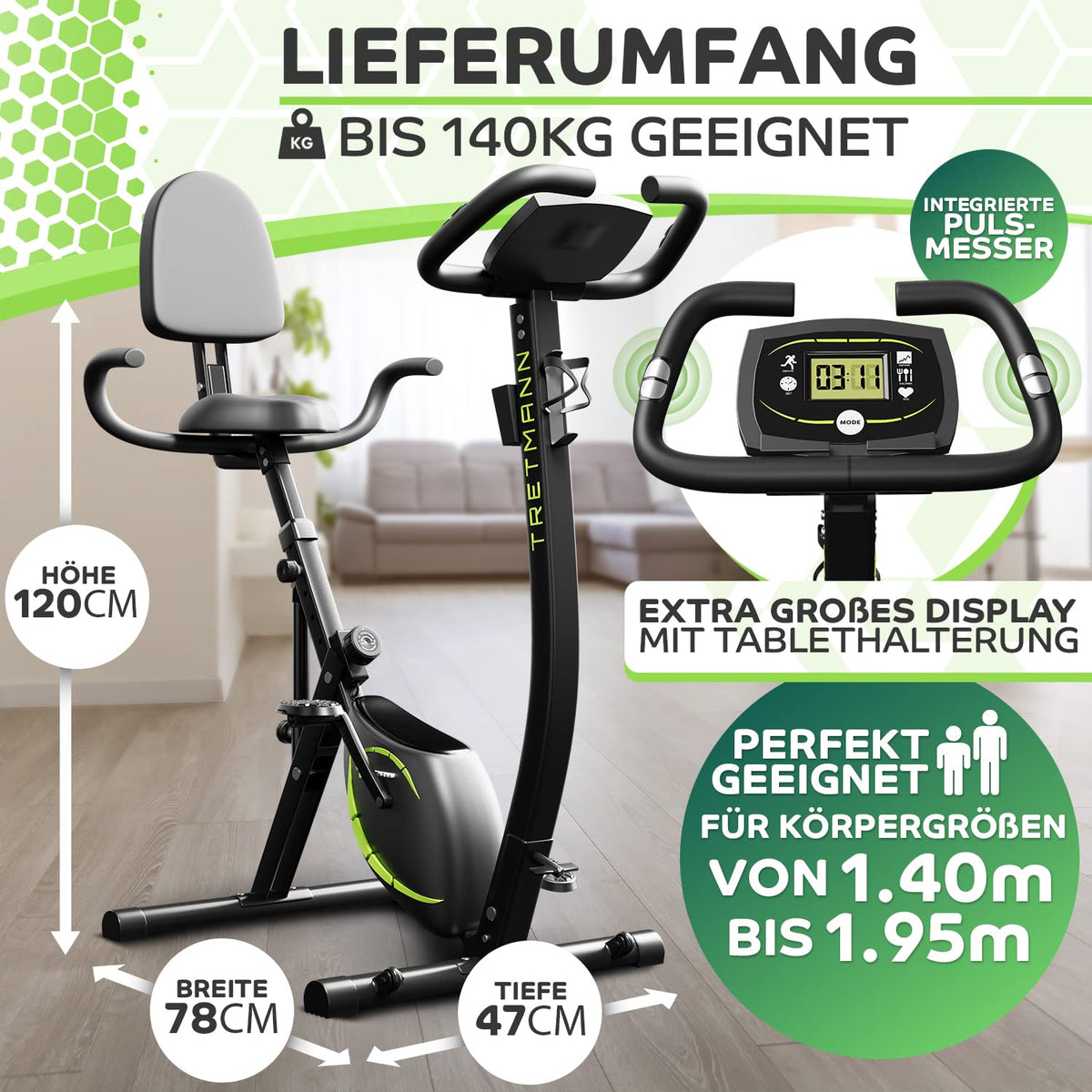 3in1 Heimtrainer Fahrrad klappbar mit Magnetwiderstand 10 Stufen tiefem Einstieg SoftFoam Sitz und 140 kg Belastbarkeit