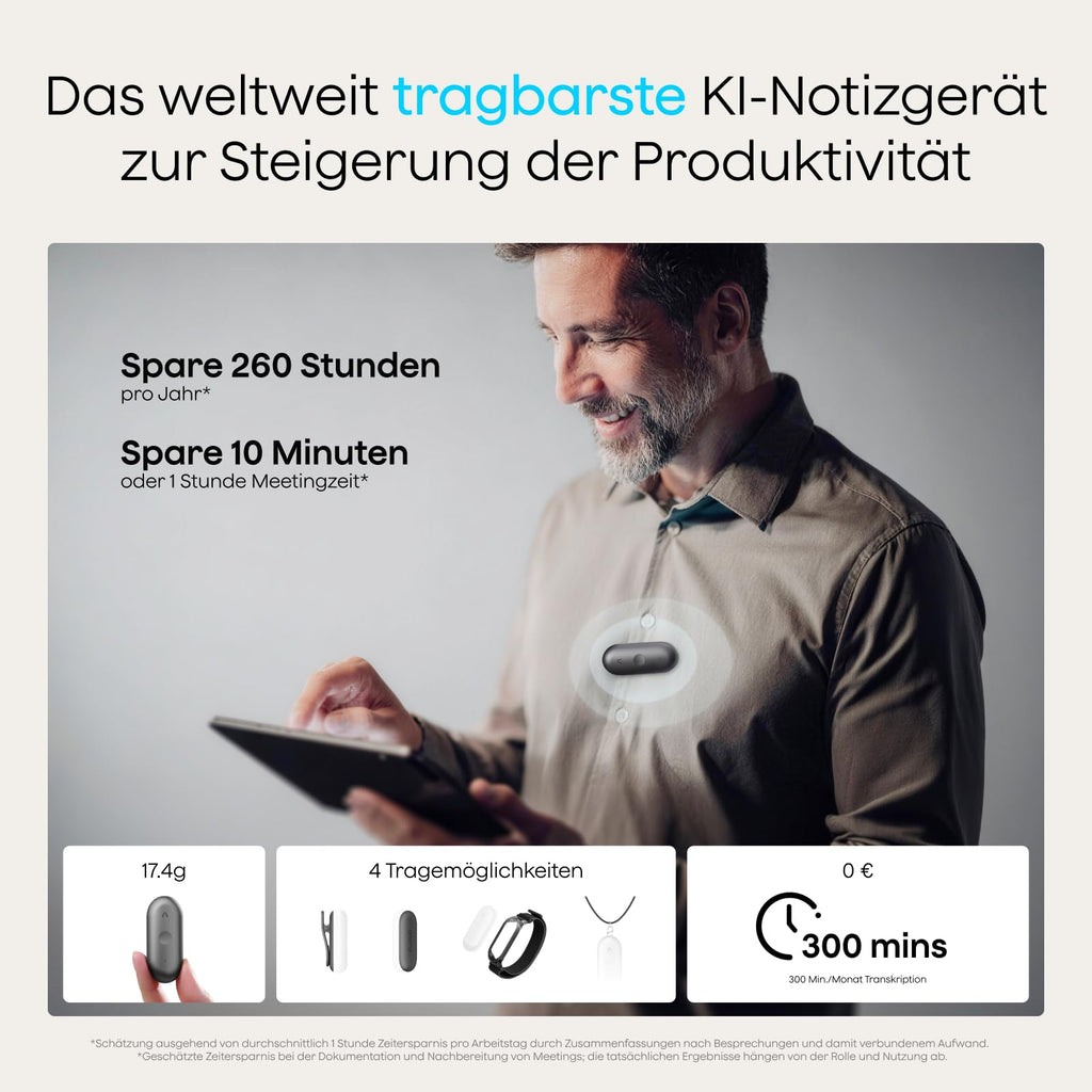 KI-Diktiergerät NotePin S mit Aufnahmetaste 64 GB 20 Stunden Aufnahme 4 Tragemodi Transkription und Zusammenfassungen
