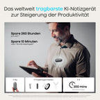 KI-Diktiergerät NotePin S mit Aufnahmetaste 64 GB 20 Stunden Aufnahme 4 Tragemodi Transkription und Zusammenfassungen