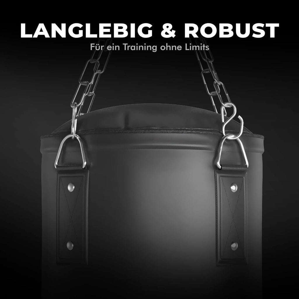 Boxsack Set gefüllt 30 kg 120 x 35 cm PU-Leder mit 4-Punkt-Stahlkette und Drehwirbel Schwarz