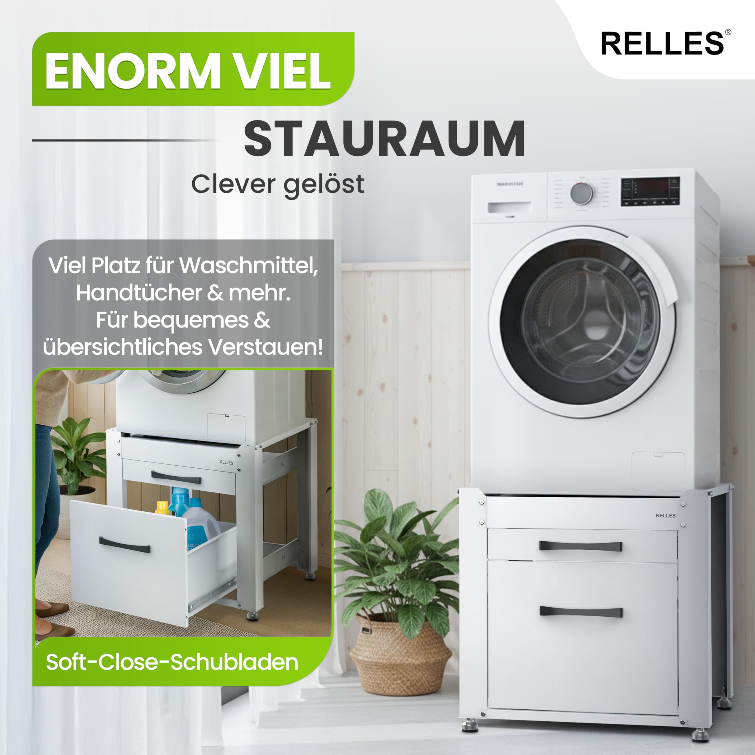 Waschmaschinen Untergestell A007 mit Schublade und Ablage 500 kg Tragkraft 62 x 62 x 57,5 cm höhenverstellbare Füße