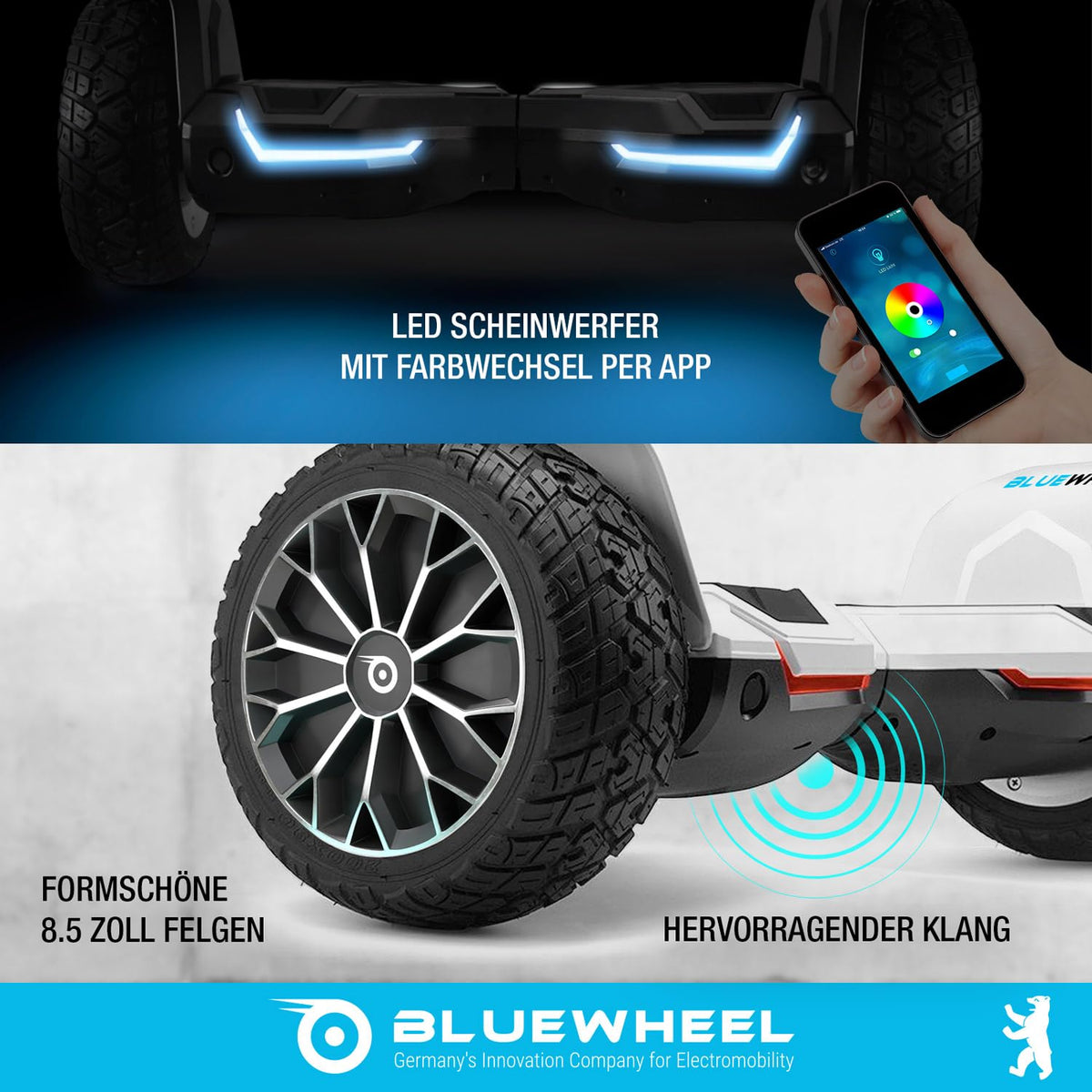 Offroad Hoverboard HX510 8,5 Zoll mit 700 W Dual-Motor Bluetooth App-Steuerung LED und 120 kg Belastbarkeit