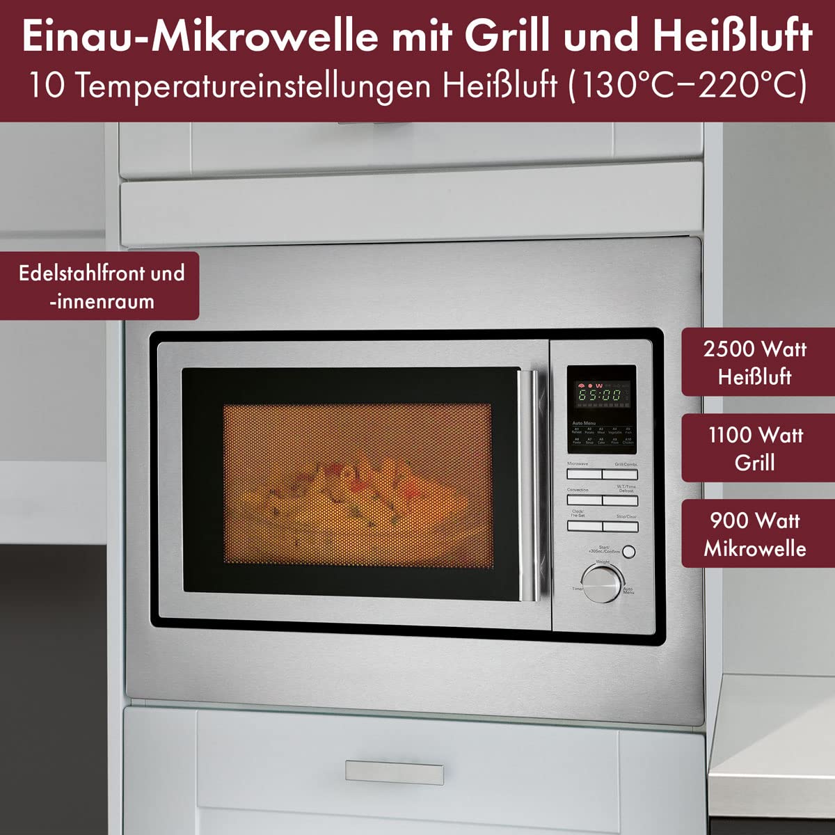 Einbau Mikrowelle MWG 2216 H EB 25 L 900 W mit Grill 1100 W Heißluft 2500 W und Grillrost
